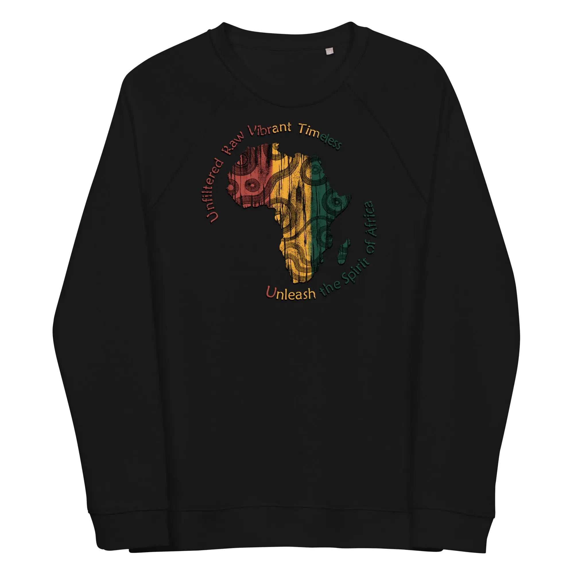 Black unisex raglan sweatshirt with colorful Africa design and inspirational text "Unleash the Spirit of Africa" in organic cotton blend