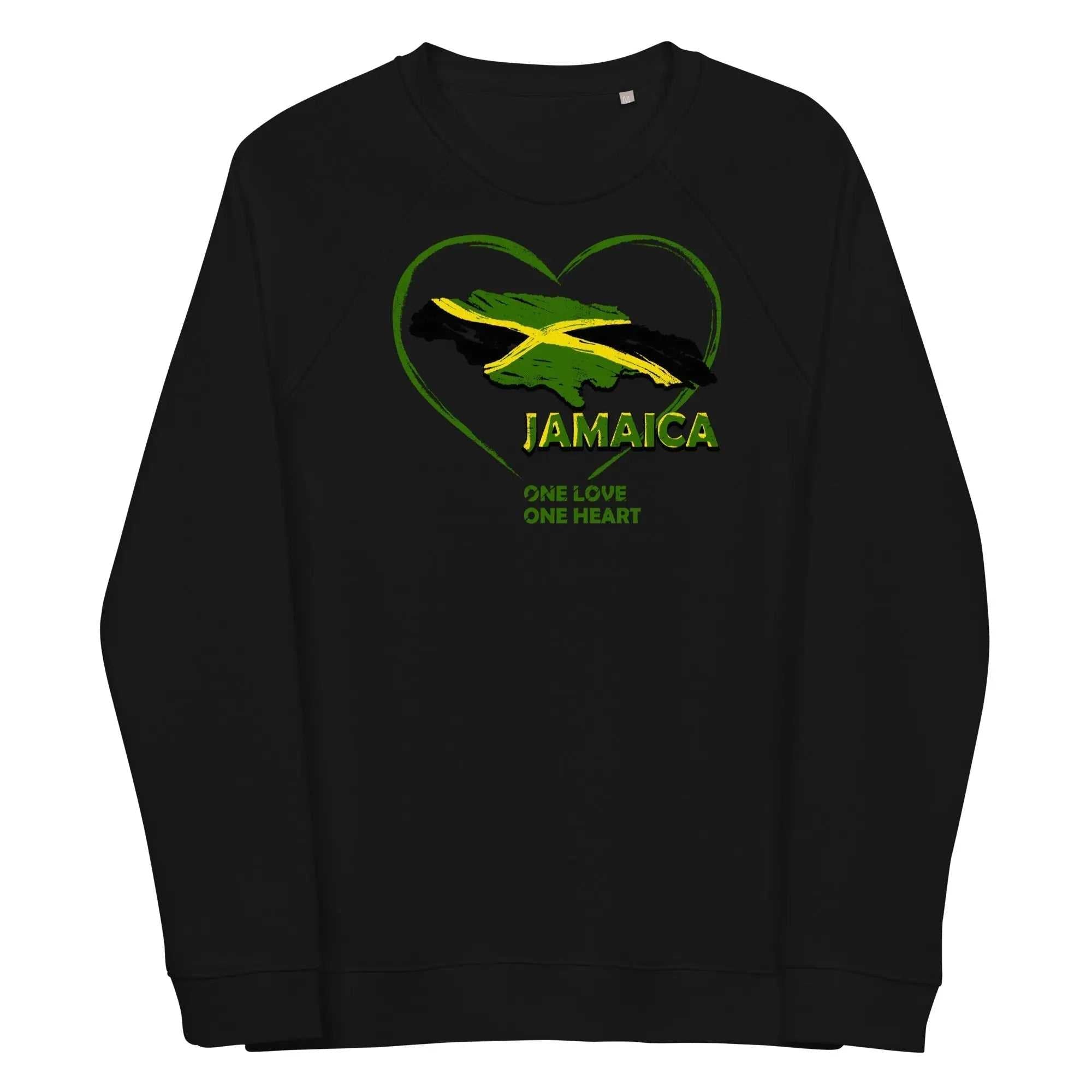 Black unisex organic raglan sweatshirt with Jamaica map heart design and One Love One Heart text