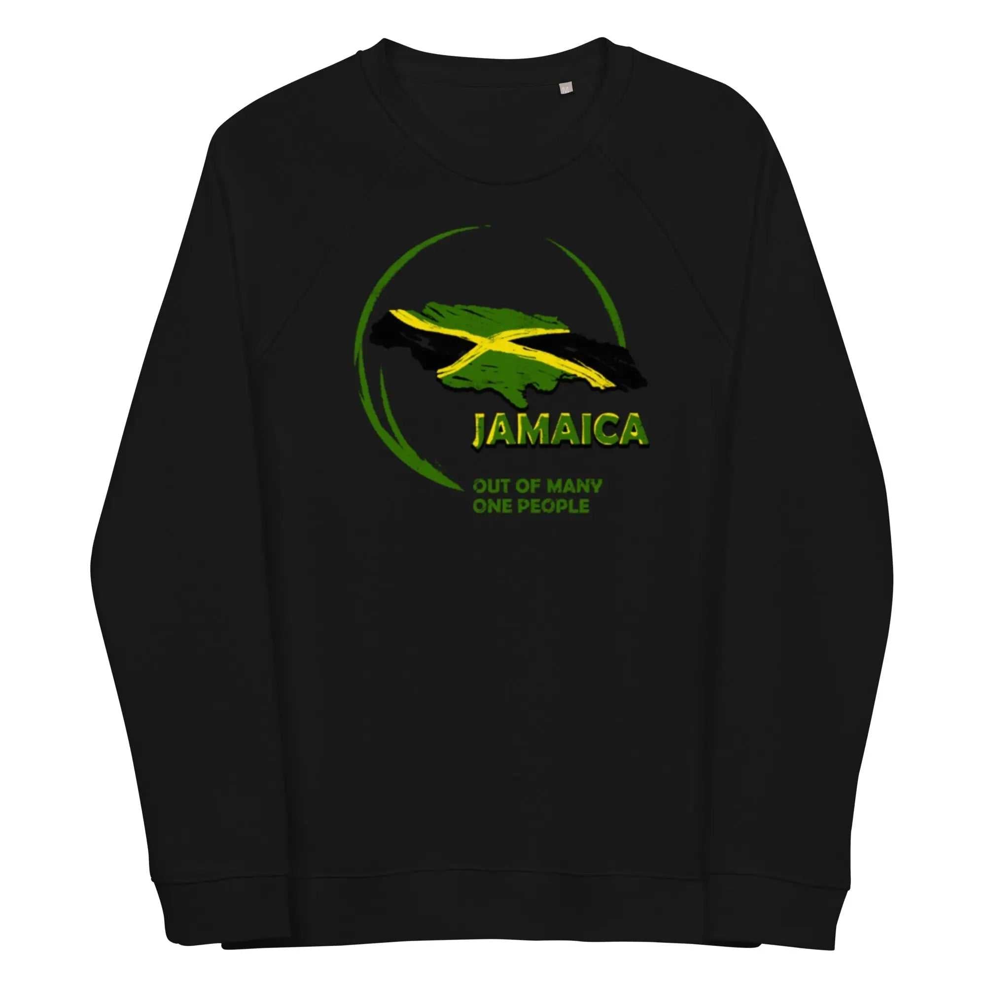 Unisex black organic raglan sweatshirt with Jamaica flag and Out Of Many One design