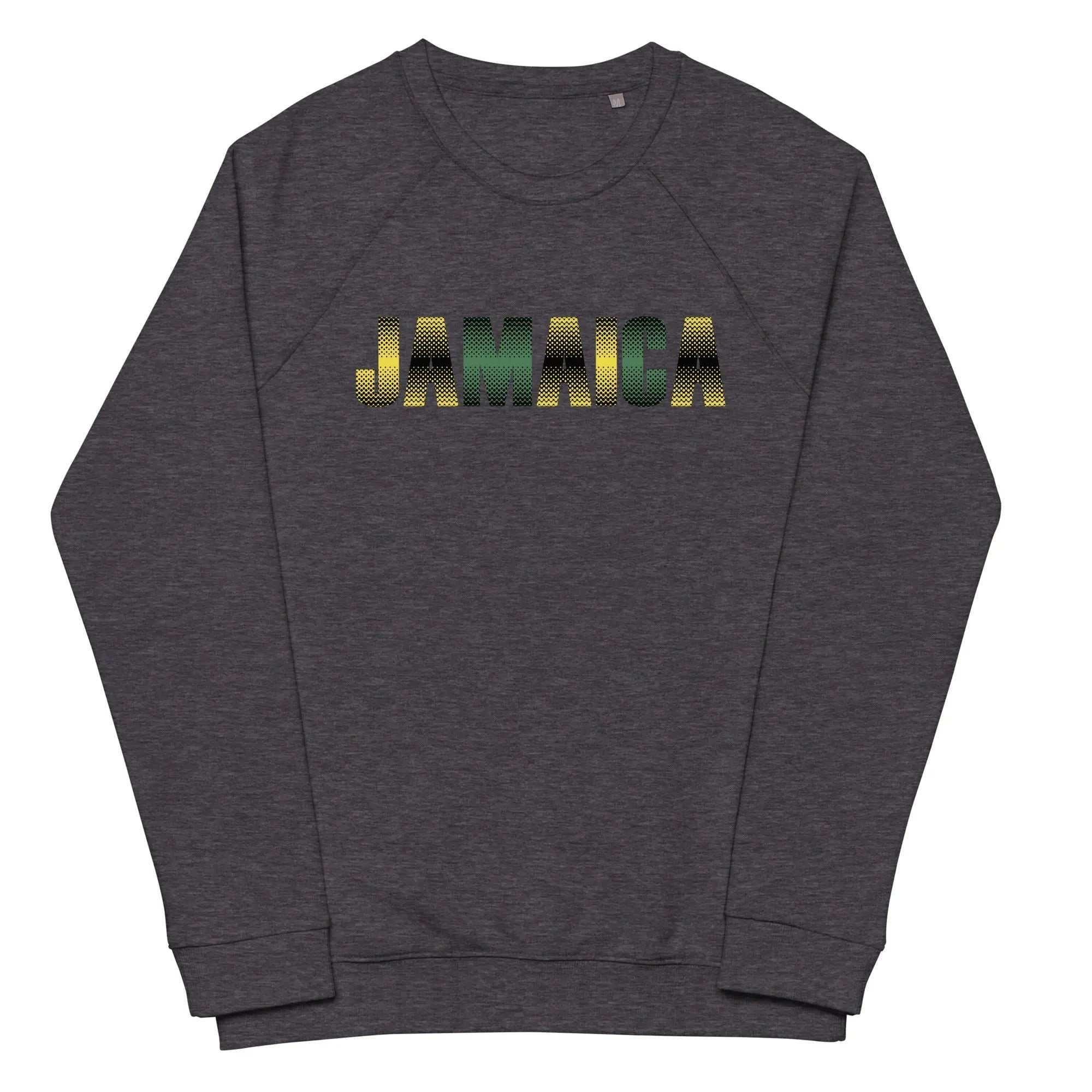 Jamaica unisex organic raglan sweatshirt with gradient Jamaica flag colors and brushed fleece lining
