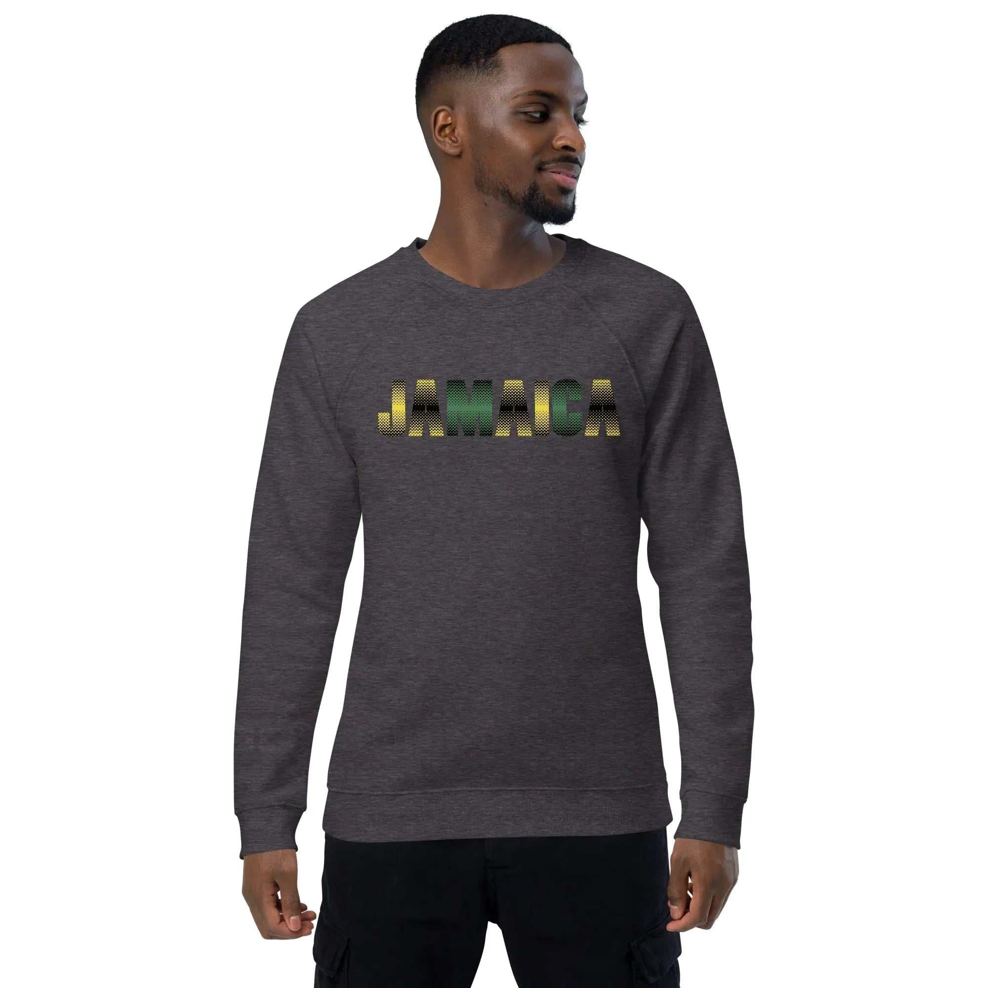 Jamaica Unisex sweatshirt with gradient flag colors and brushed fleece lining on charcoal melange fabric