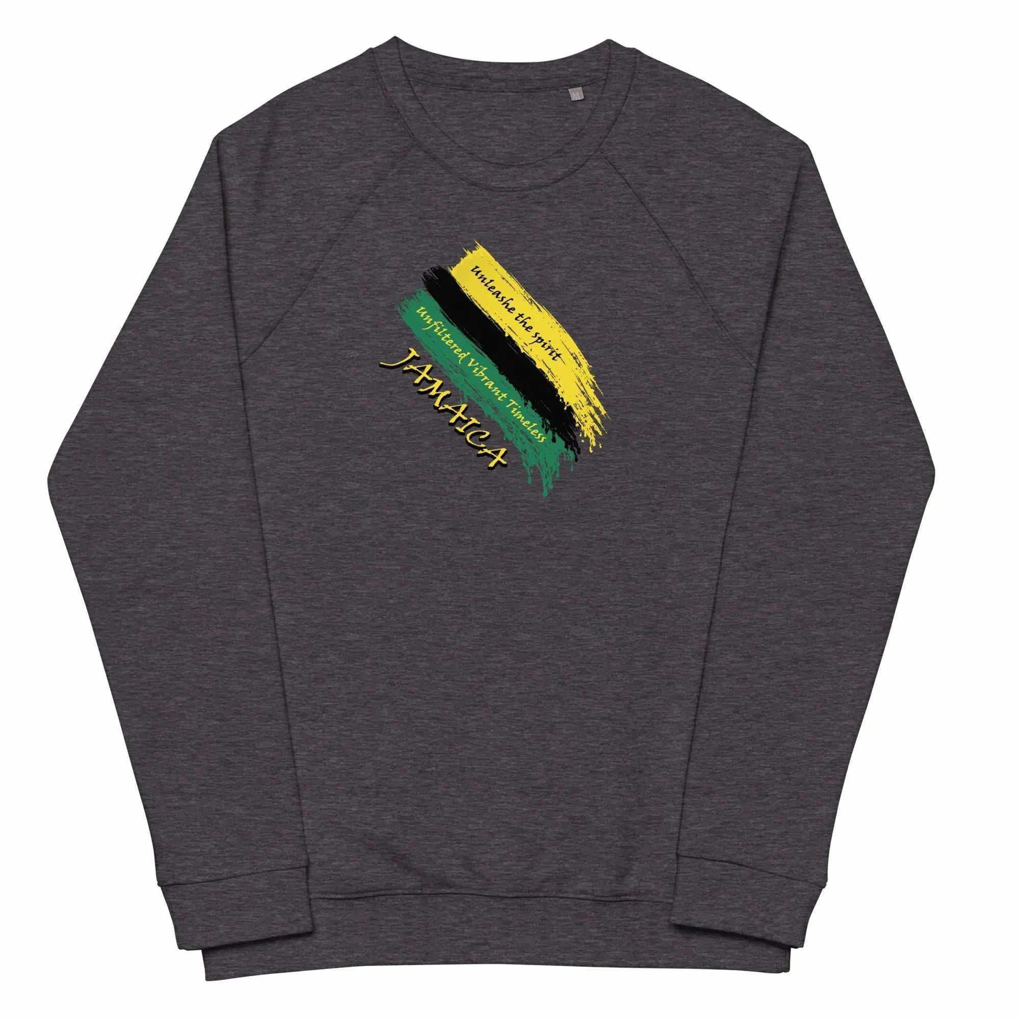 Charcoal melange organic cotton sweatshirt with Jamaica-inspired brushstroke design and raglan sleeves