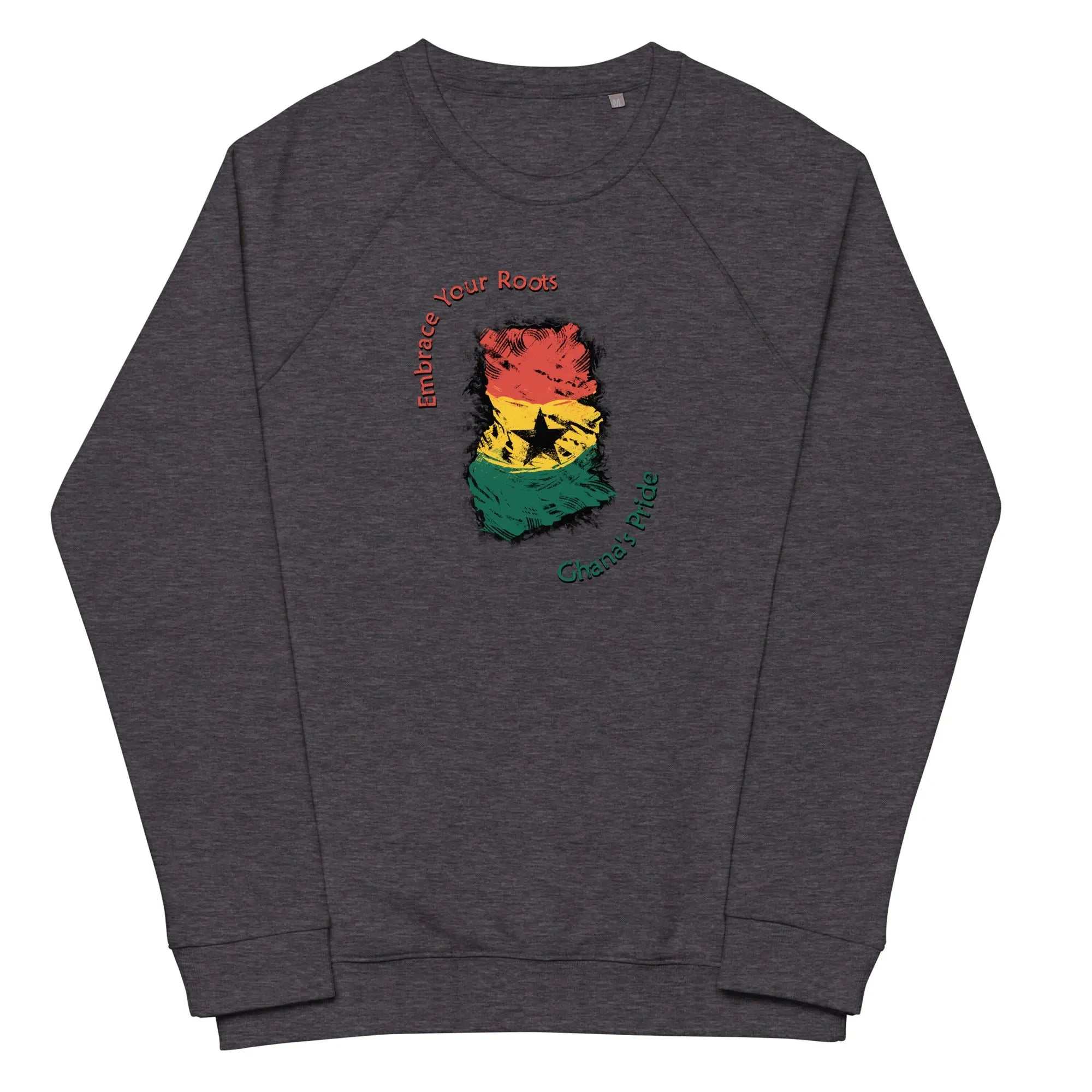 Ghana Pride unisex organic raglan sweatshirt with red, yellow, green colors and black star design on charcoal fabric