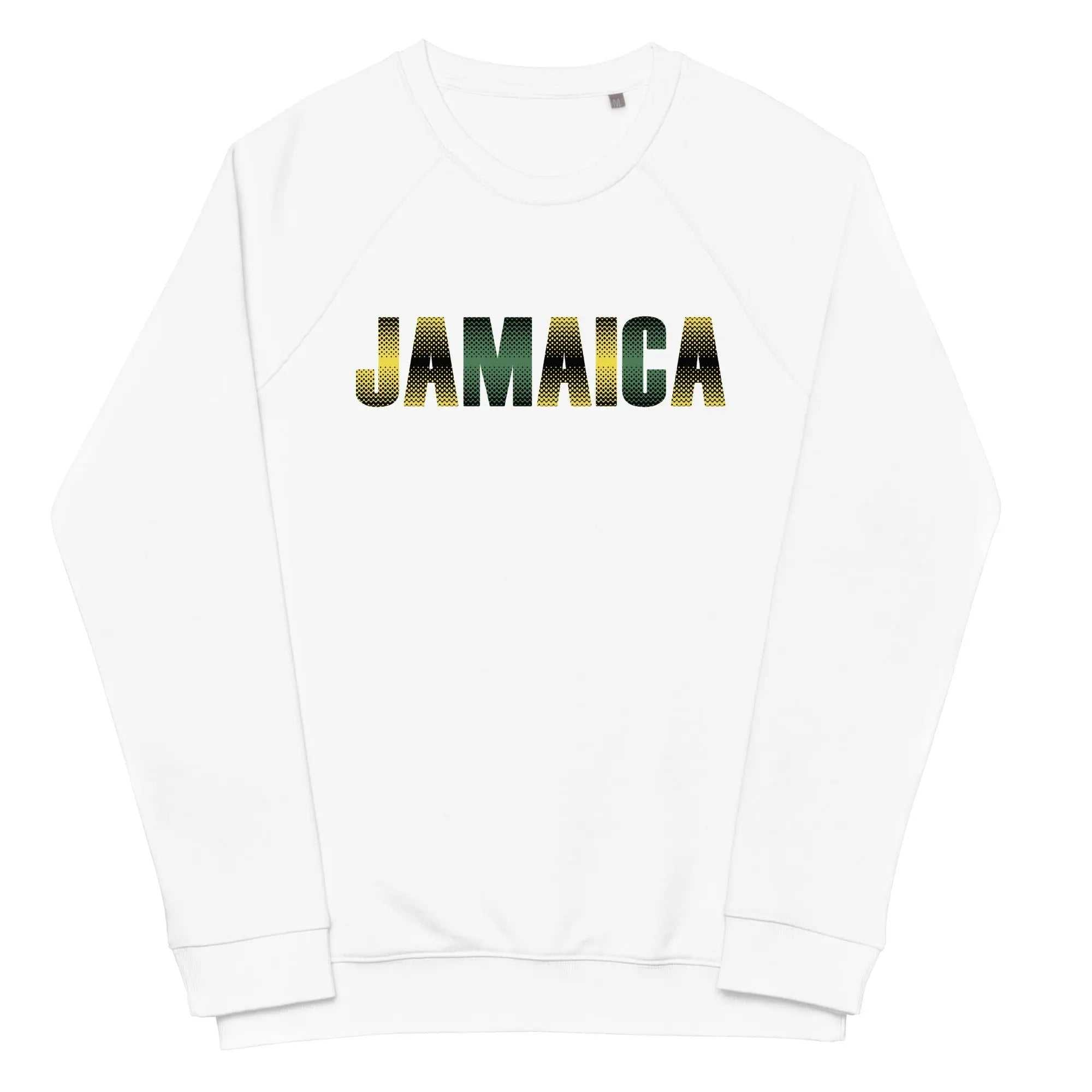 White Jamaica unisex organic raglan sweatshirt with gradient green, yellow, and black "JAMAICA" text design