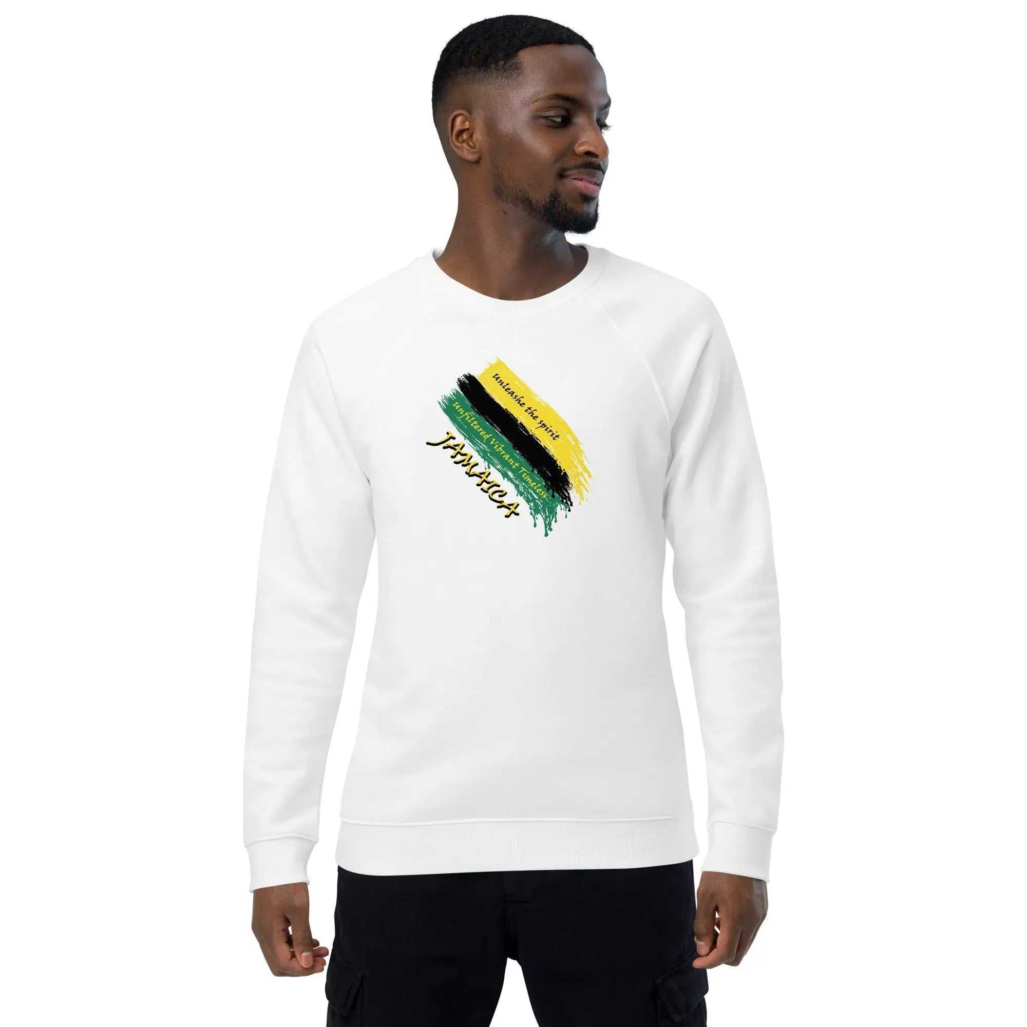 Unisex organic sweatshirt with Jamaica flag brushstroke design and inspirational message