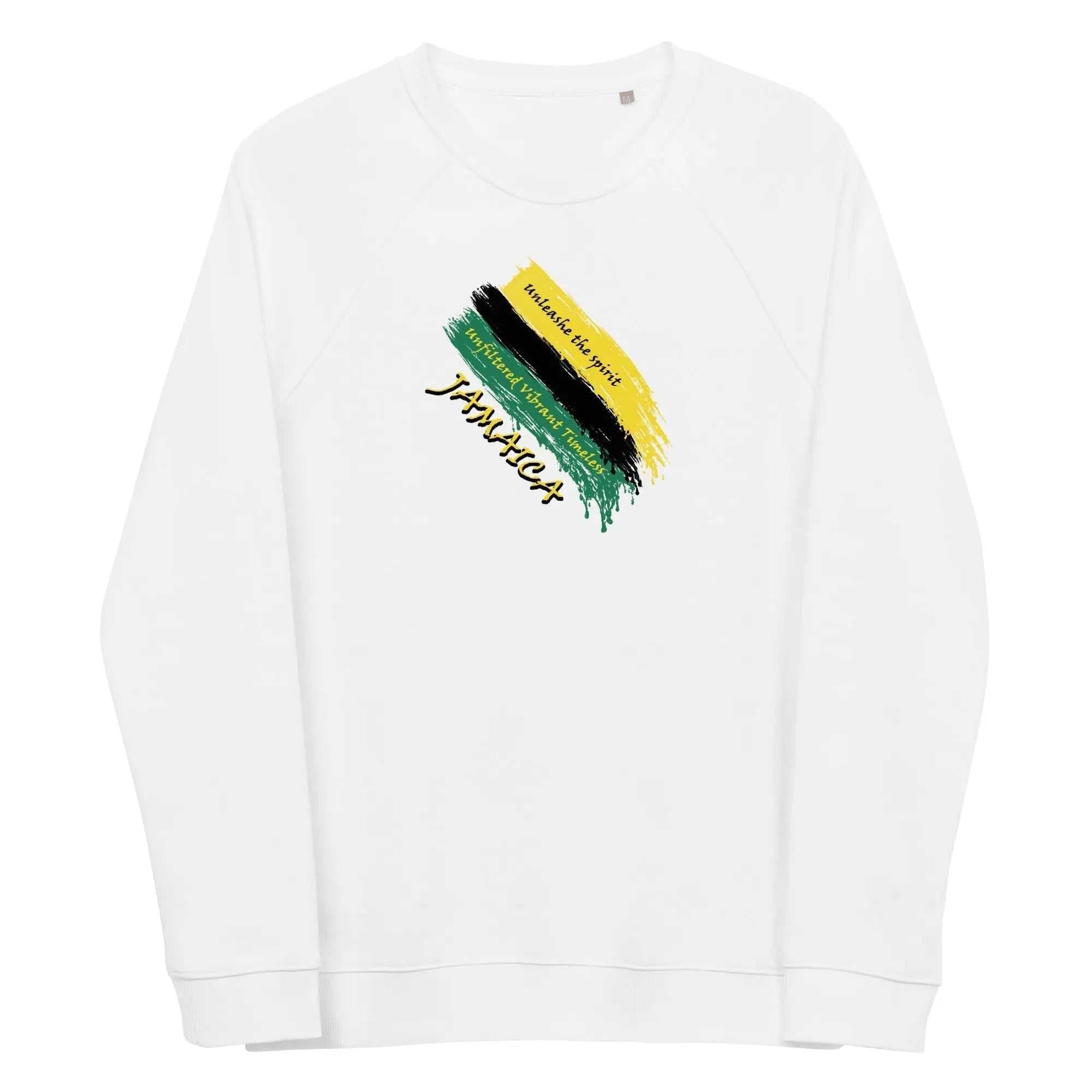 white organic raglan sweatshirt with Jamaica flag brushstroke design and inspirational text