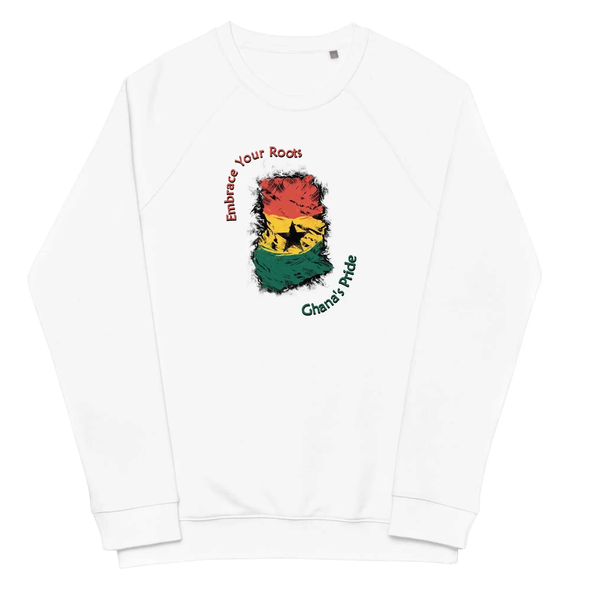 White unisex organic raglan sweatshirt with Ghana Pride design featuring red, yellow, green colors and black star with "Embrace Your Roots" text