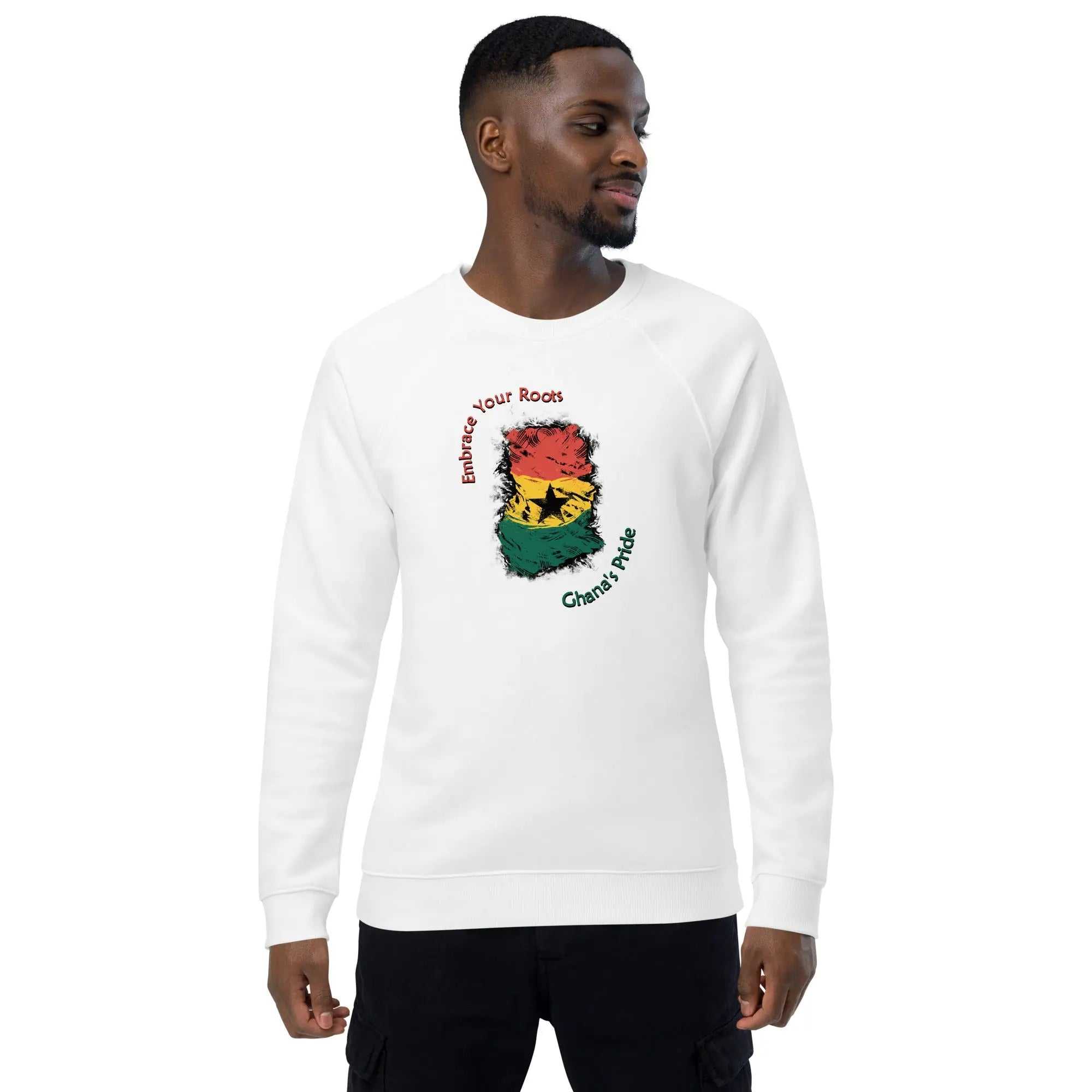 Man wearing white organic raglan sweatshirt with Ghana Pride design featuring red, yellow, green colors and black star.