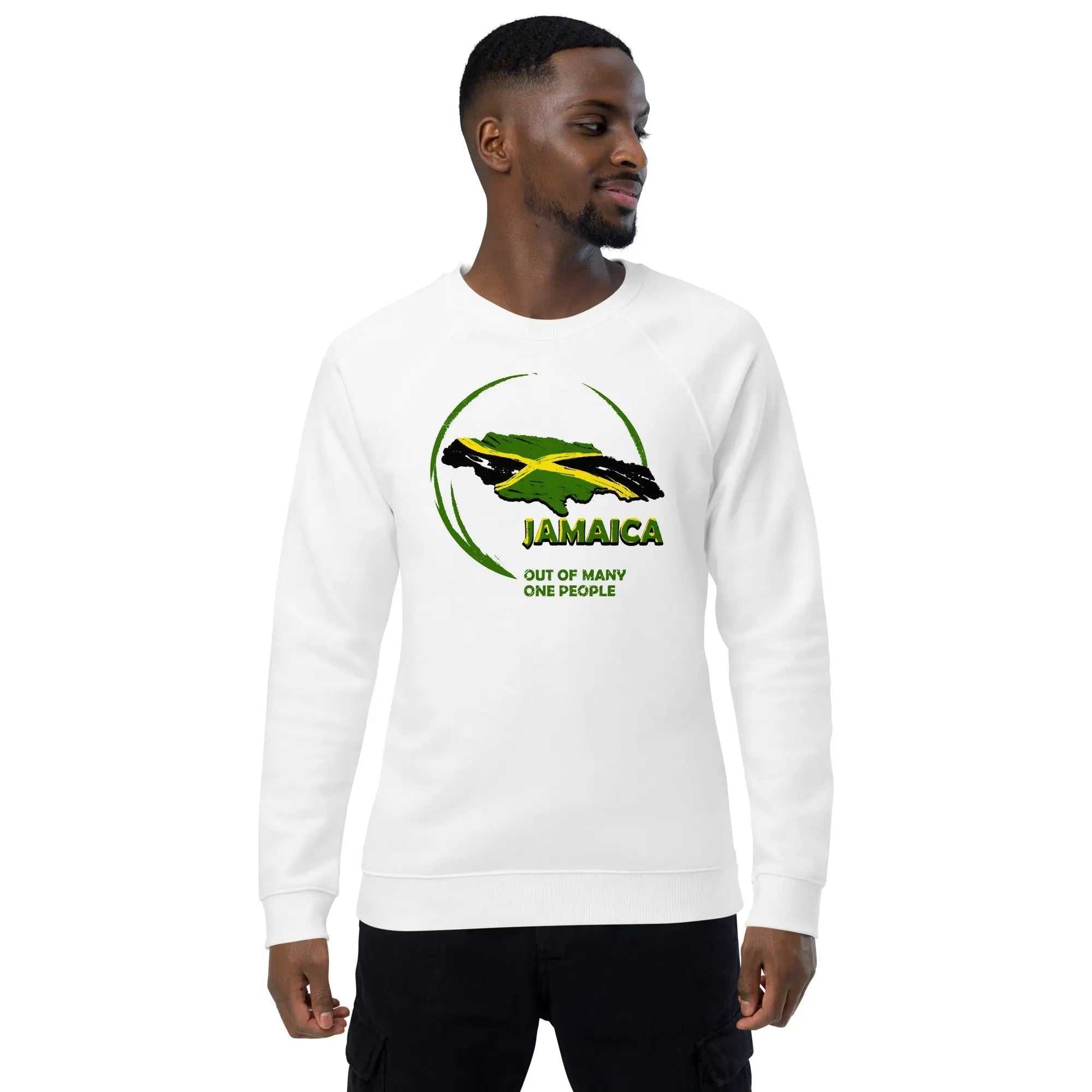Unisex organic raglan sweatshirt with Jamaica flag and "Out Of Many One People" text, soft brushed fleece lining, and 100% cotton exterior