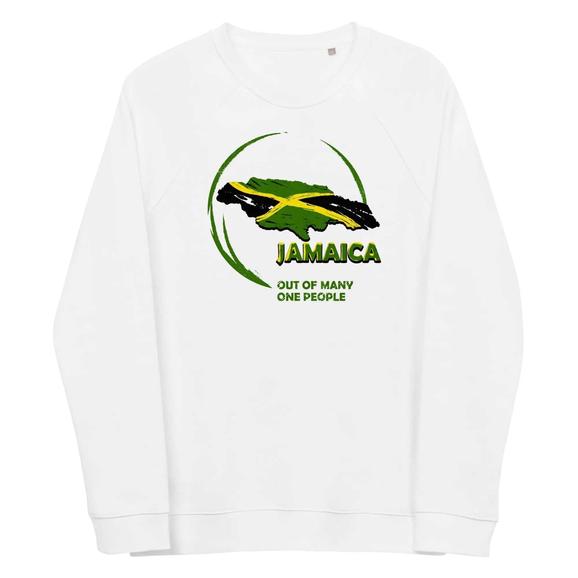 White organic raglan sweatshirt with Jamaica map and "Out of many one people" text design