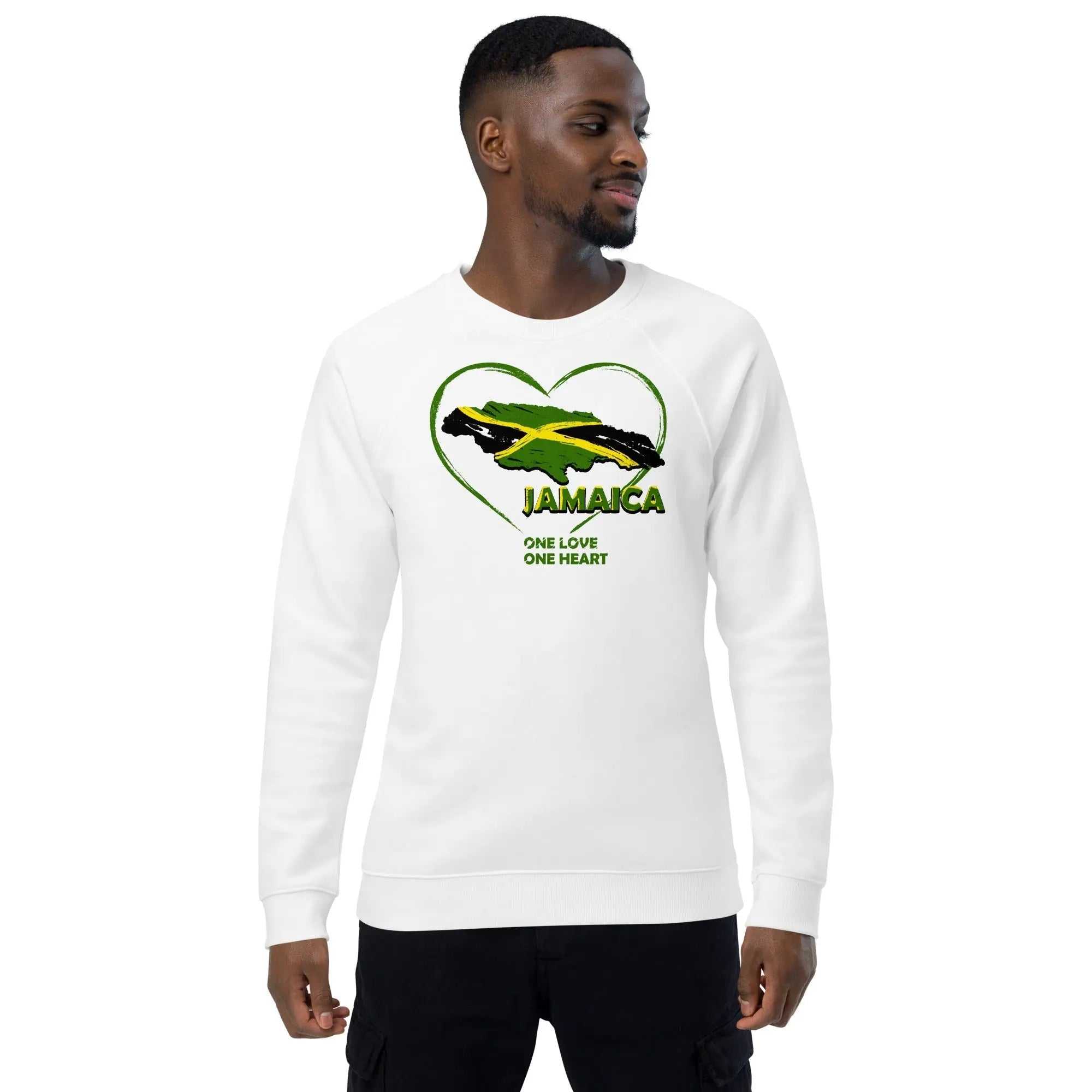 Unisex organic raglan sweatshirt with Jamaica One Love One Heart heart and flag design