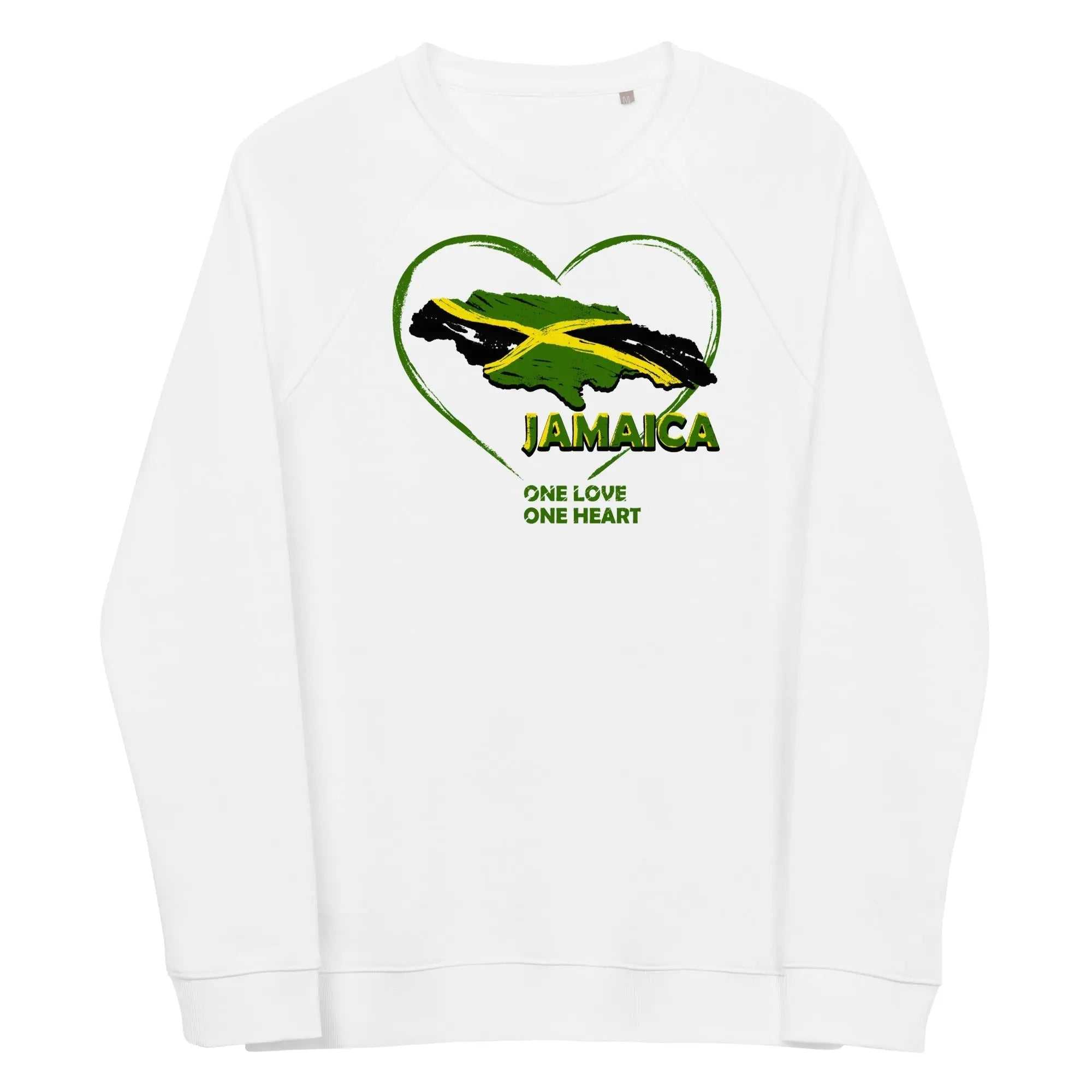 White unisex organic raglan sweatshirt with Jamaica map and "One Love One Heart" heart-shaped design