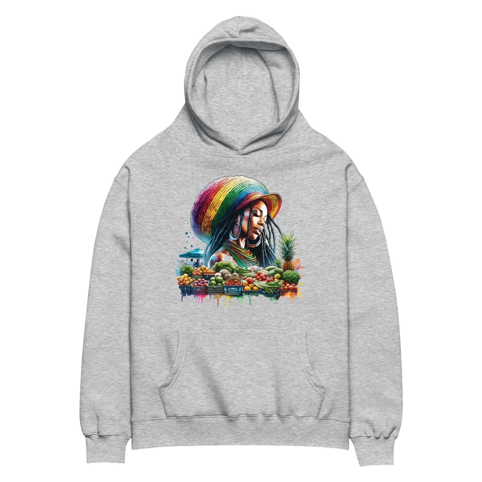 Grey oversized Natural Beauty hoodie with colorful artistic print of woman wearing a rainbow hat and tropical fruits design