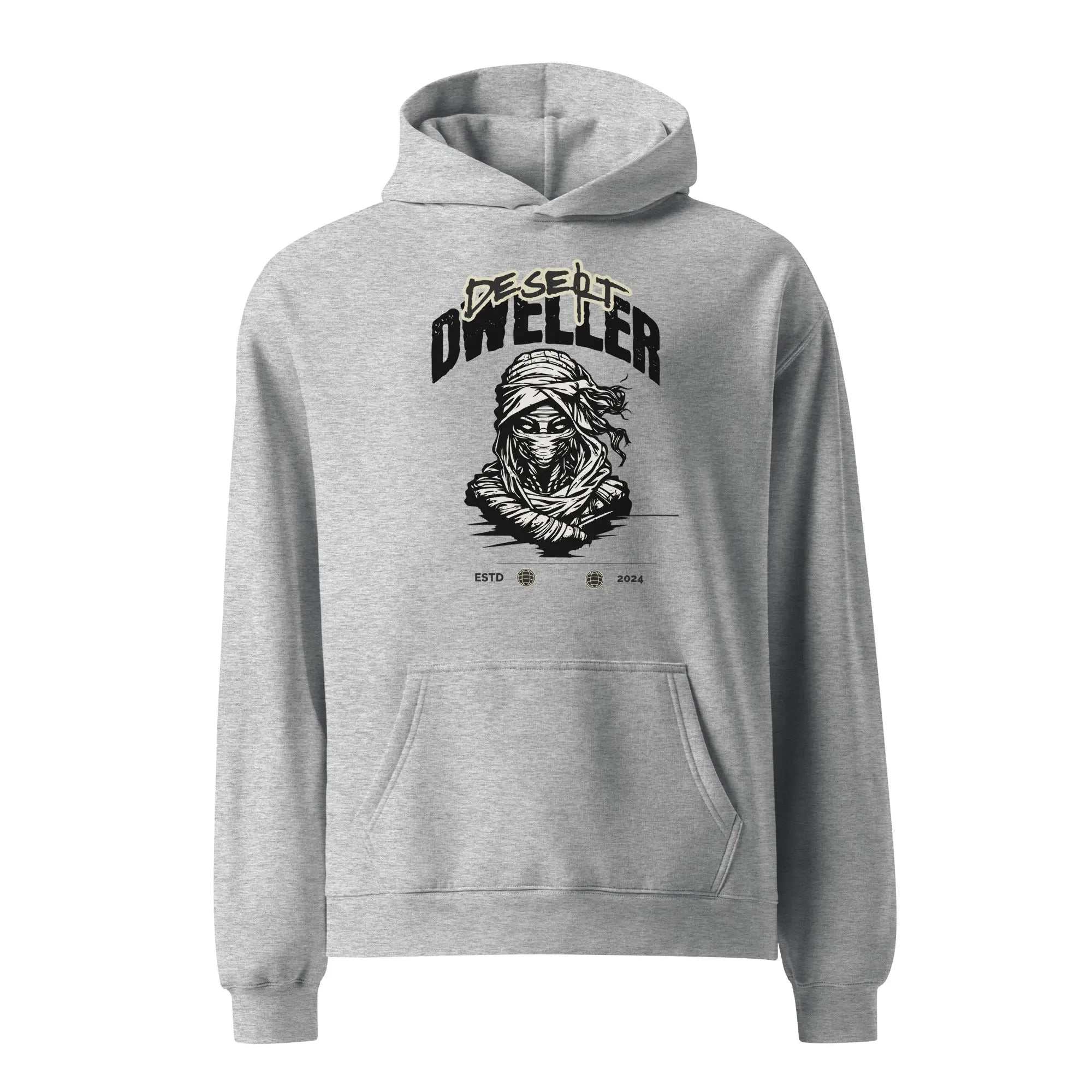 Gray oversized unisex Desert Dweller hoodie with graphic print and kangaroo pocket
