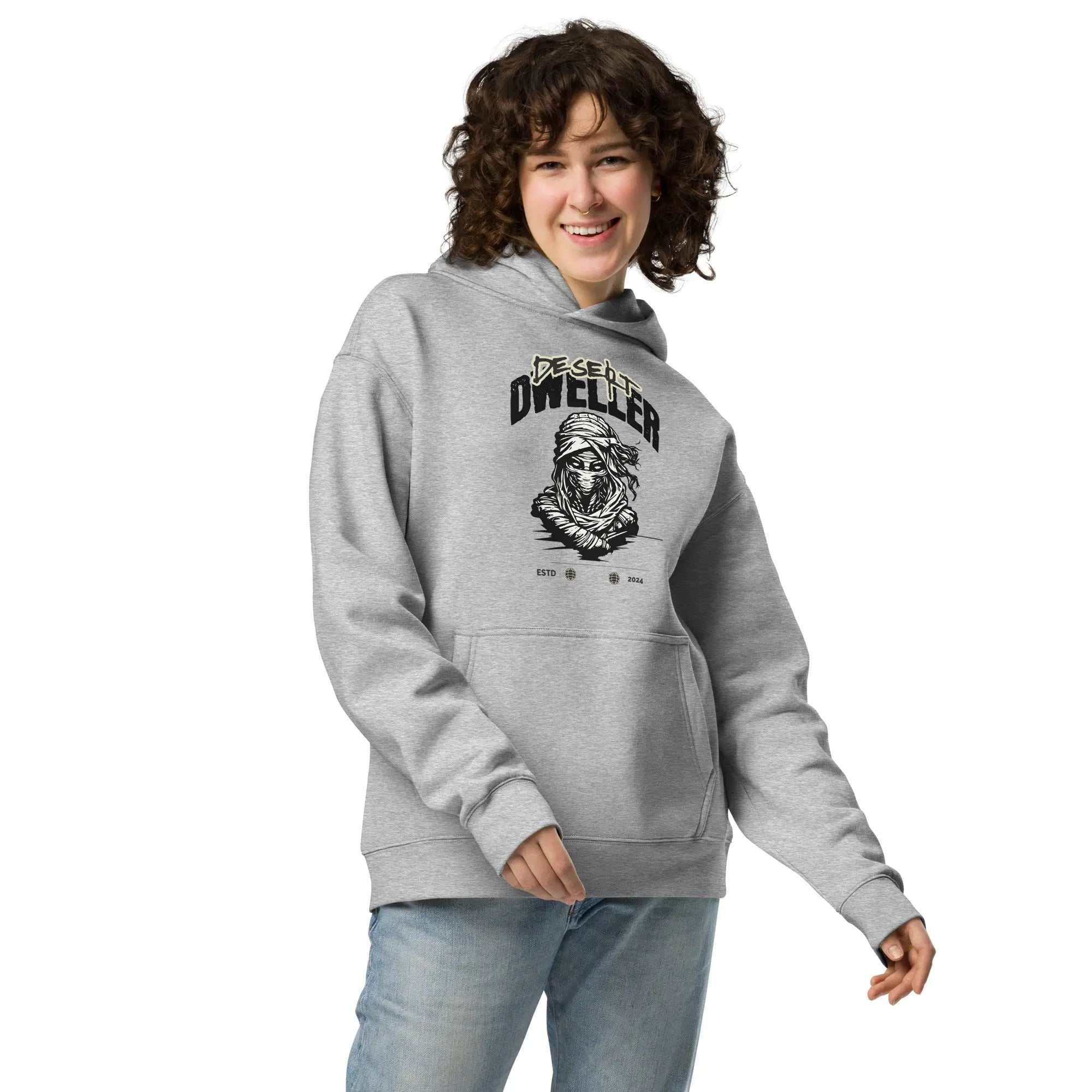 Unisex oversized Desert Dweller hoodie in gray with graphic print, relaxed fit, and kangaroo pocket