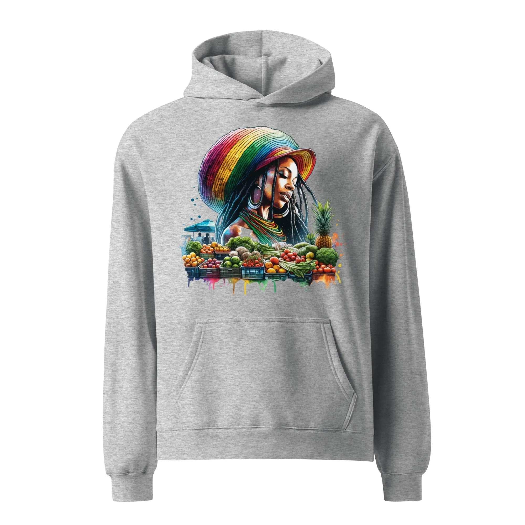 Gray oversized hoodie with colorful Rastafarian woman and fruit artwork, Natural Beauty Unisex Hoodie design.