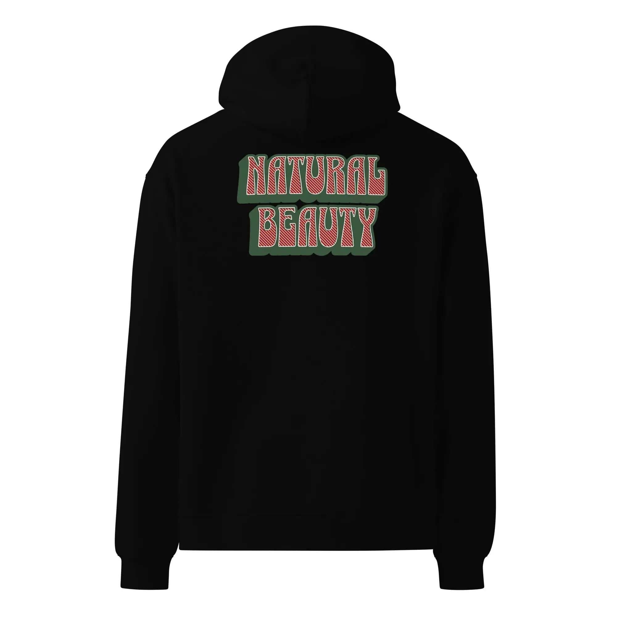 Black oversized unisex hoodie with Natural Beauty text on back in retro style