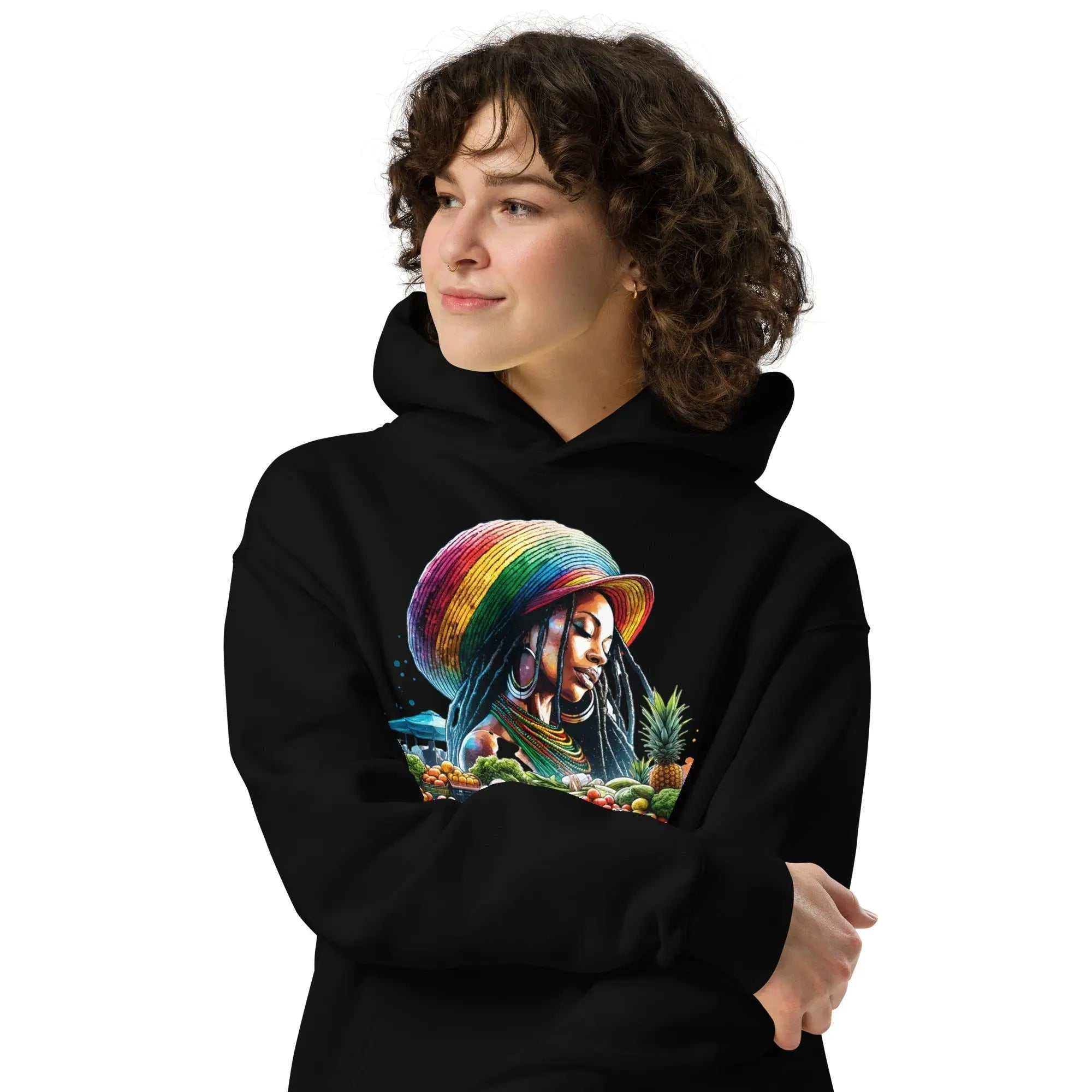 Natural Beauty unisex oversized hoodie with colorful Rastafarian woman and fruit design