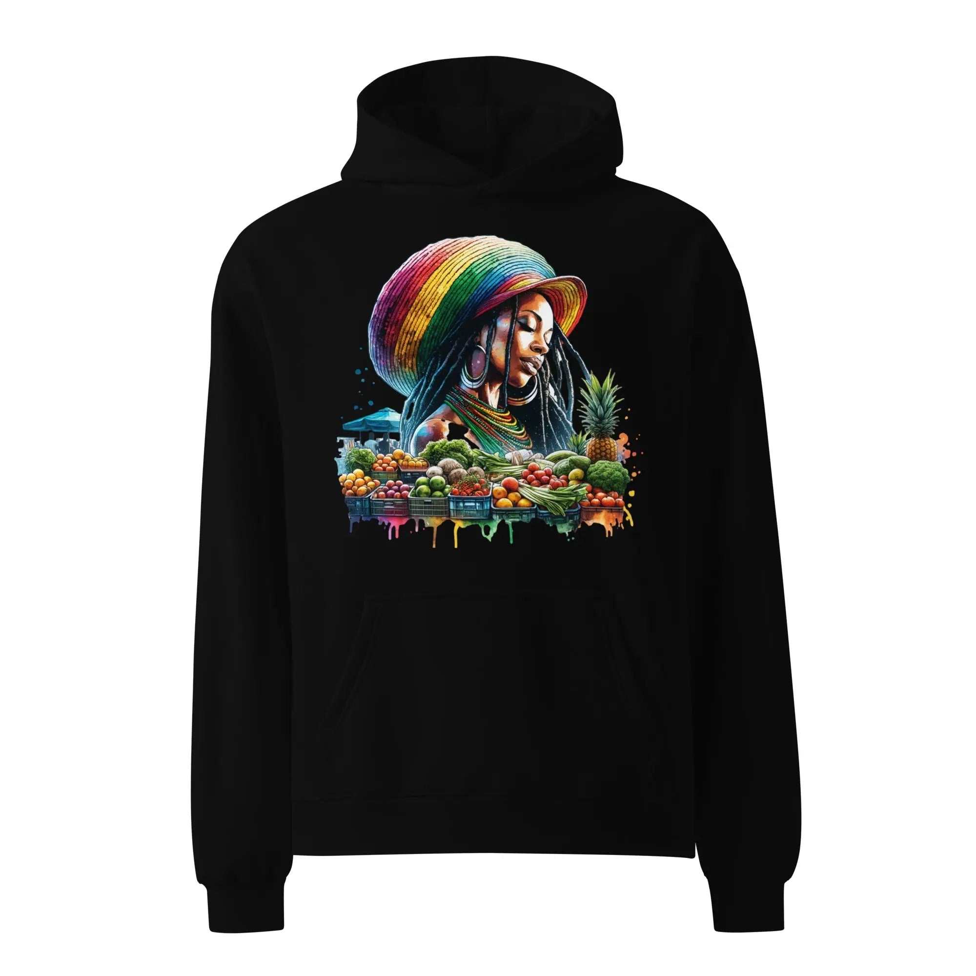 Black oversized unisex hoodie featuring colorful Rastafarian woman and vibrant fruit design representing natural beauty and Jamaican culture