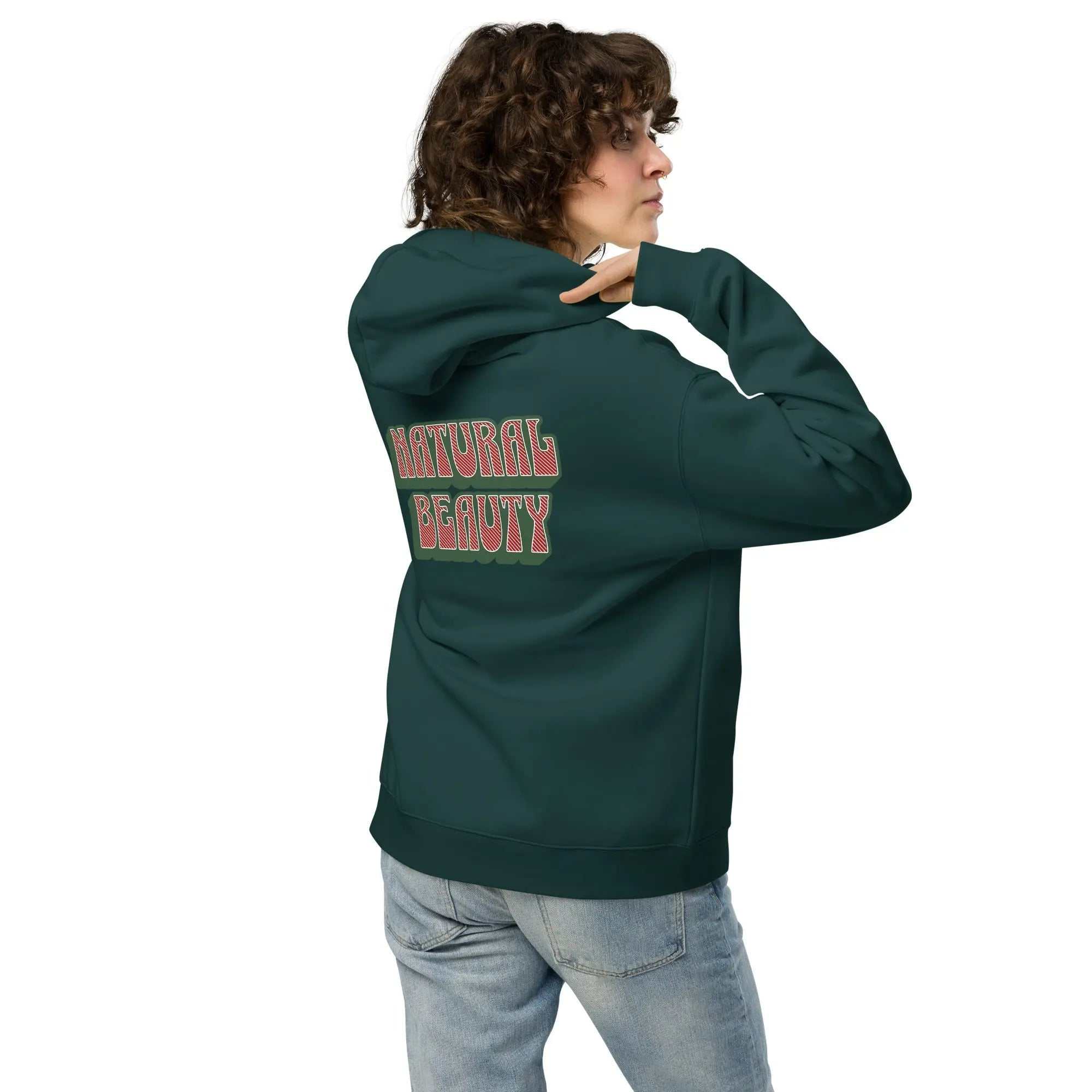 Unisex oversized dark green Natural Beauty hoodie with back print and relaxed fit