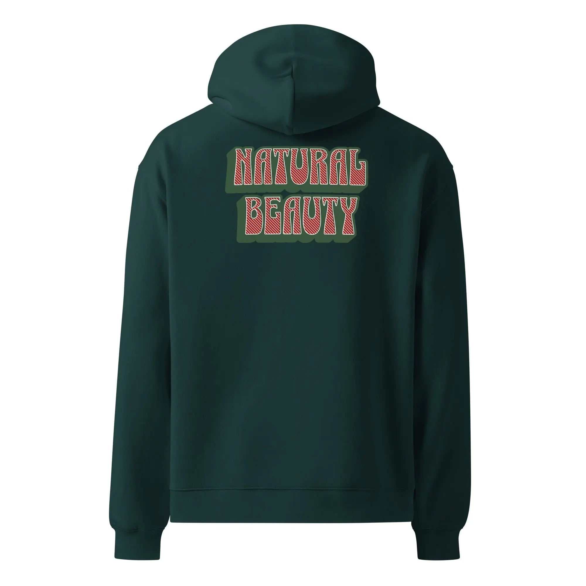 Unisex oversized dark green Natural Beauty hoodie with printed back logo and kangaroo pocket