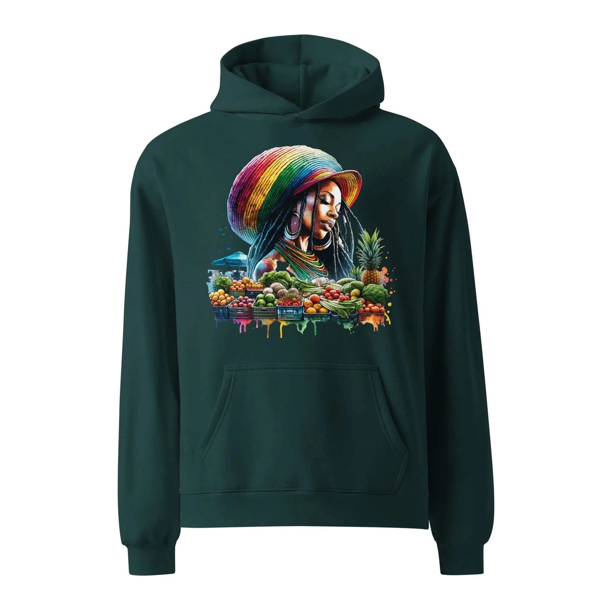 Natural Beauty hoodie unisex oversized dark green pullover with colorful artistic portrait and fruits design