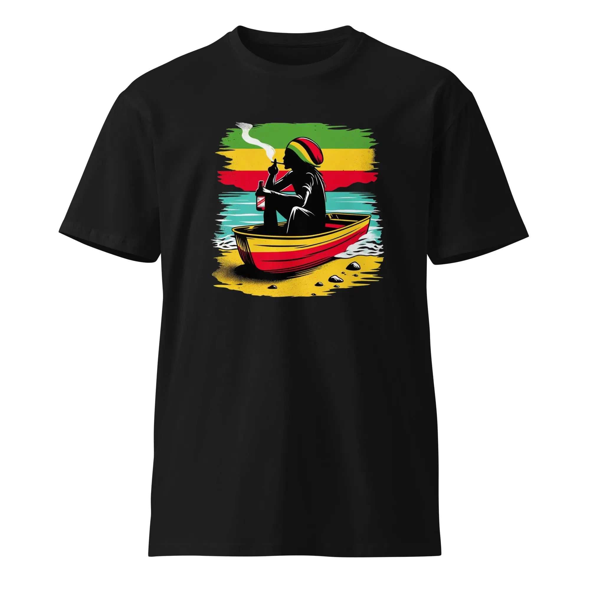 Unisex premium t shirtfeaturing Island Vibes Cool Running’s Rastafarian canoe design with Jamaican flag colors