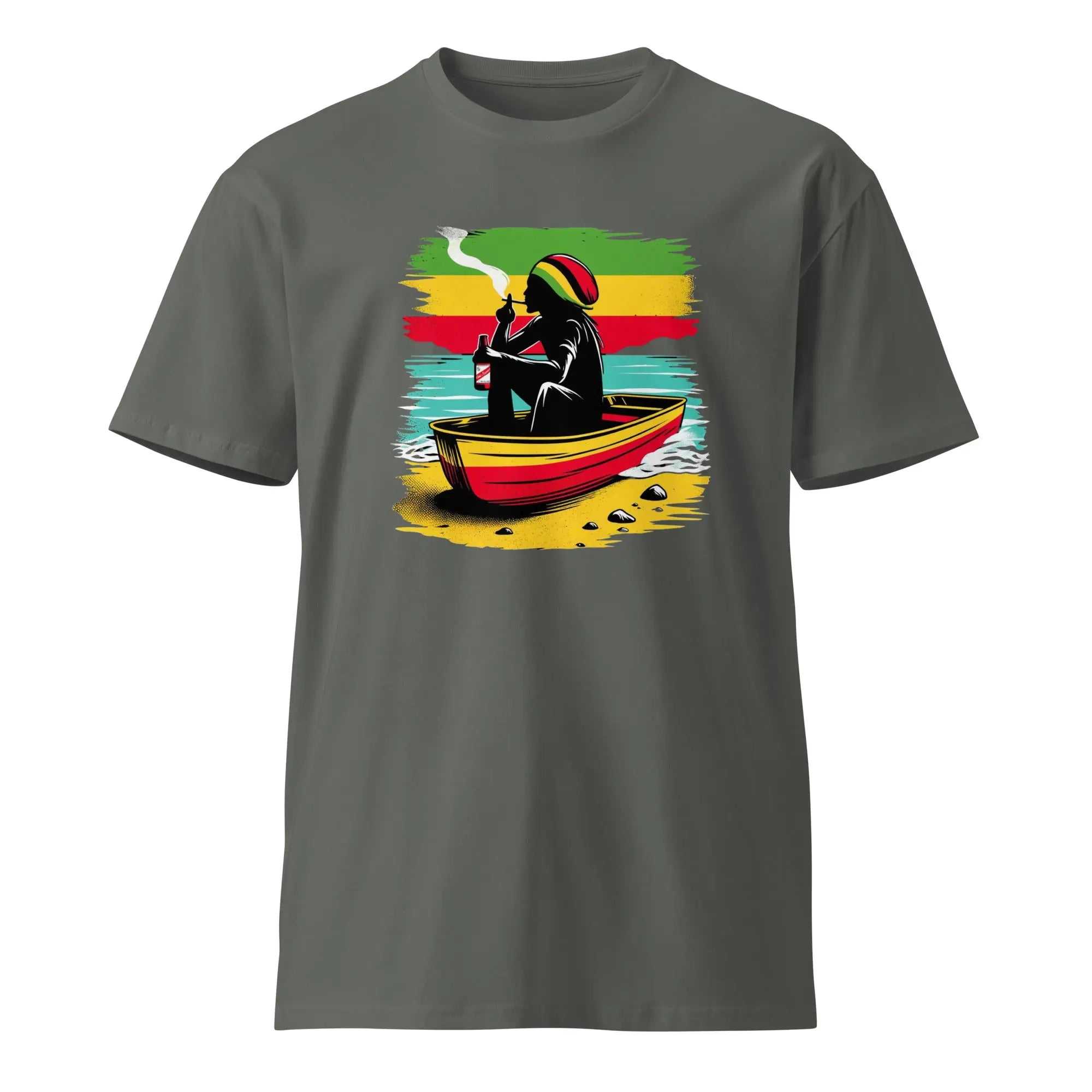 Unisex grey t-shirt featuring Island Vibes Cool Running’s design of a Rastafarian on a red canoe with Jamaican flag colors background