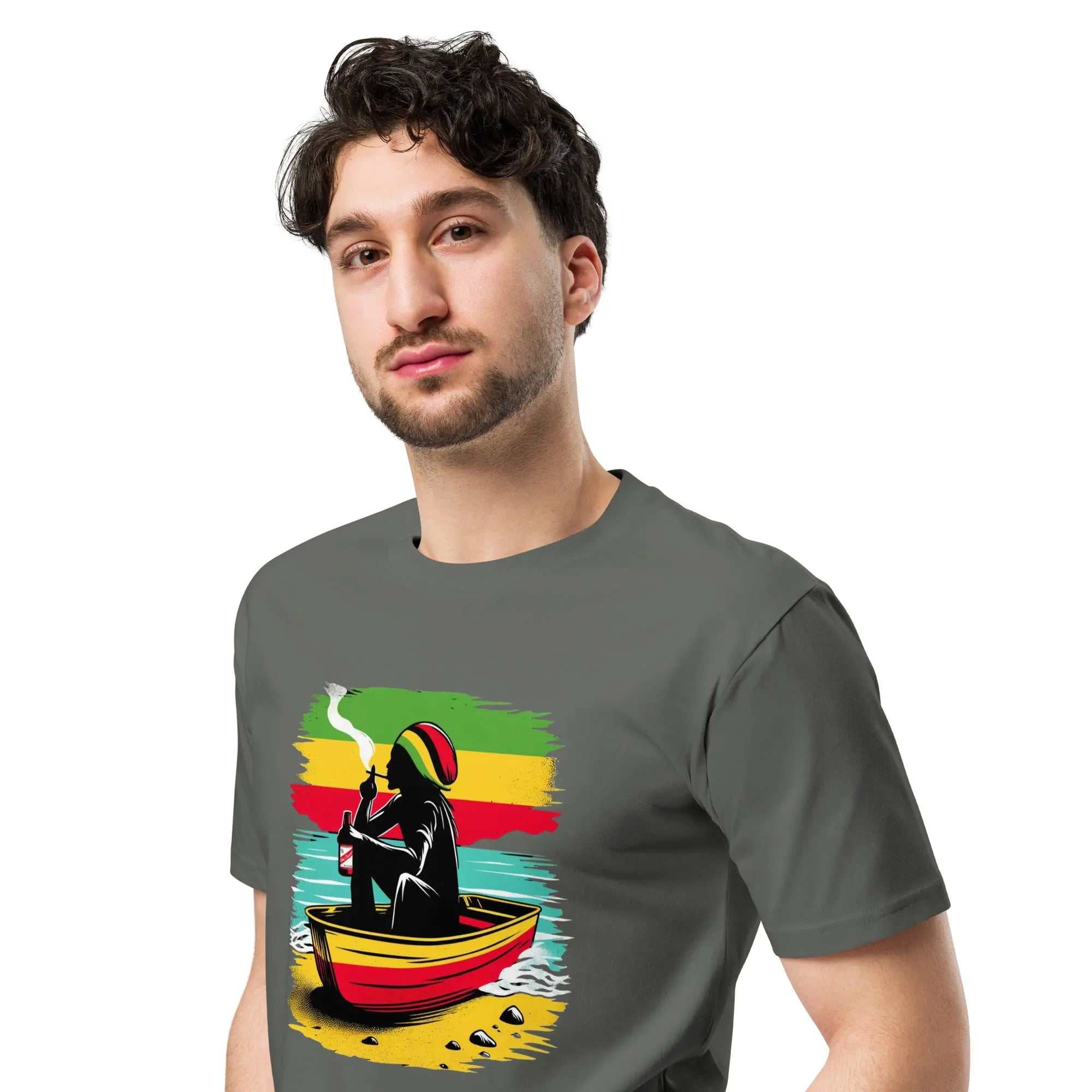Unisex premium t-shirt with colorful Rastafarian figure in red canoe against Jamaican flag sunset design on grey background Island Vibes Cool Running’s T-Shirt