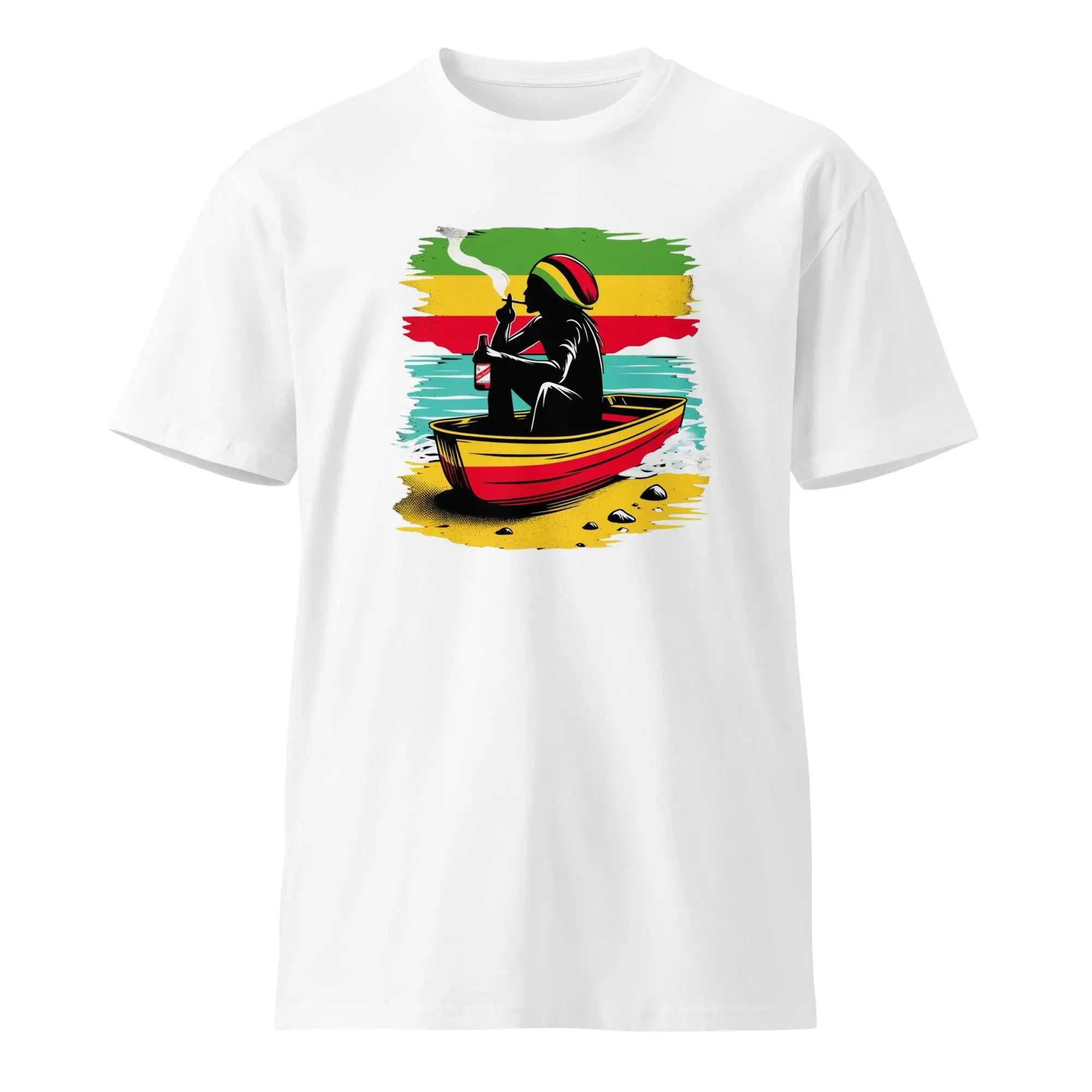 White Island Vibes Cool Running’s T-Shirt with Rastafarian figure in red canoe and Jamaican flag colors design