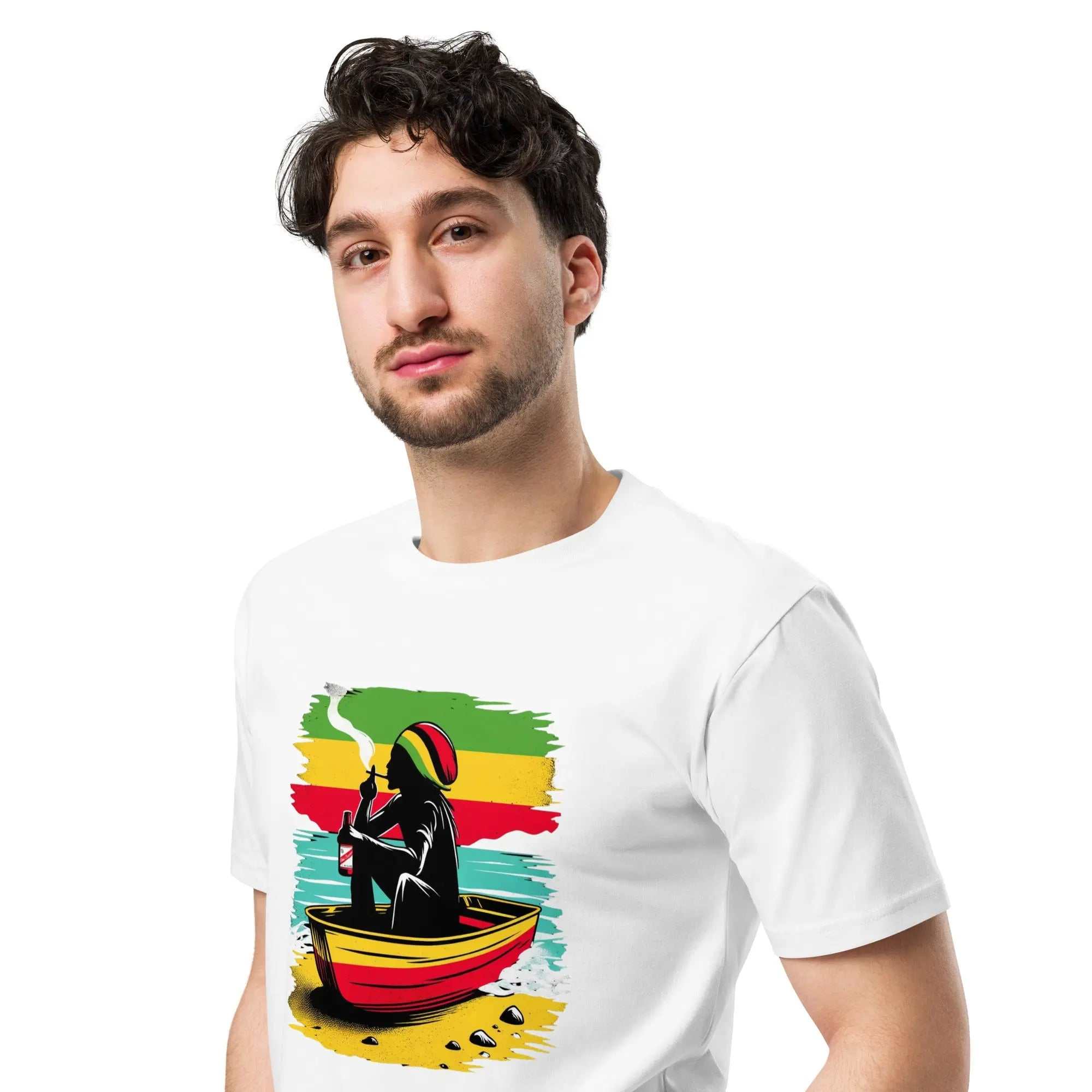Unisex white t-shirt featuring Island Vibes Cool Running’s colorful Rastafarian canoe design with Jamaican flag background