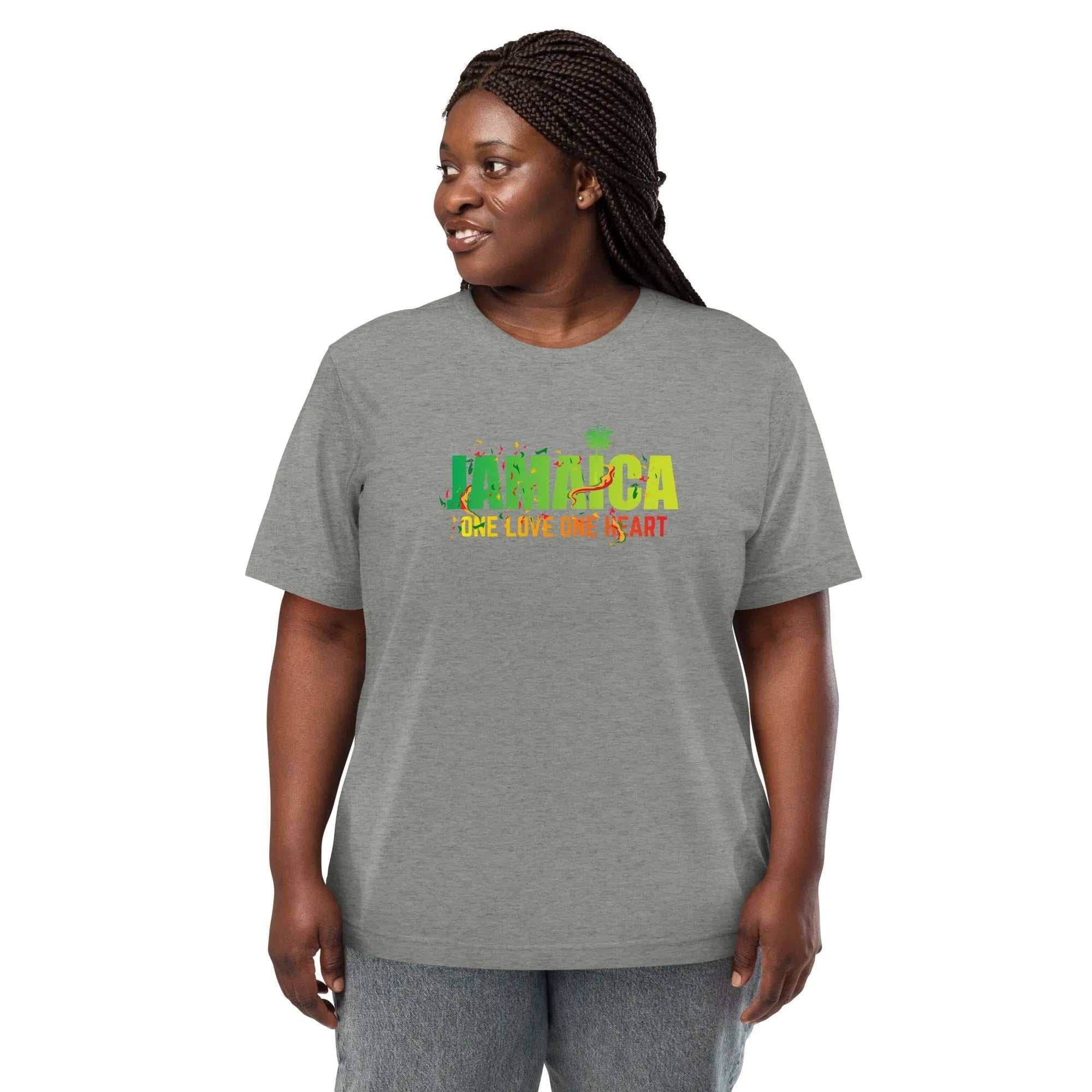 Woman wearing grey Jamaica One Love One Heart short sleeve unisex t-shirt with vibrant text design
