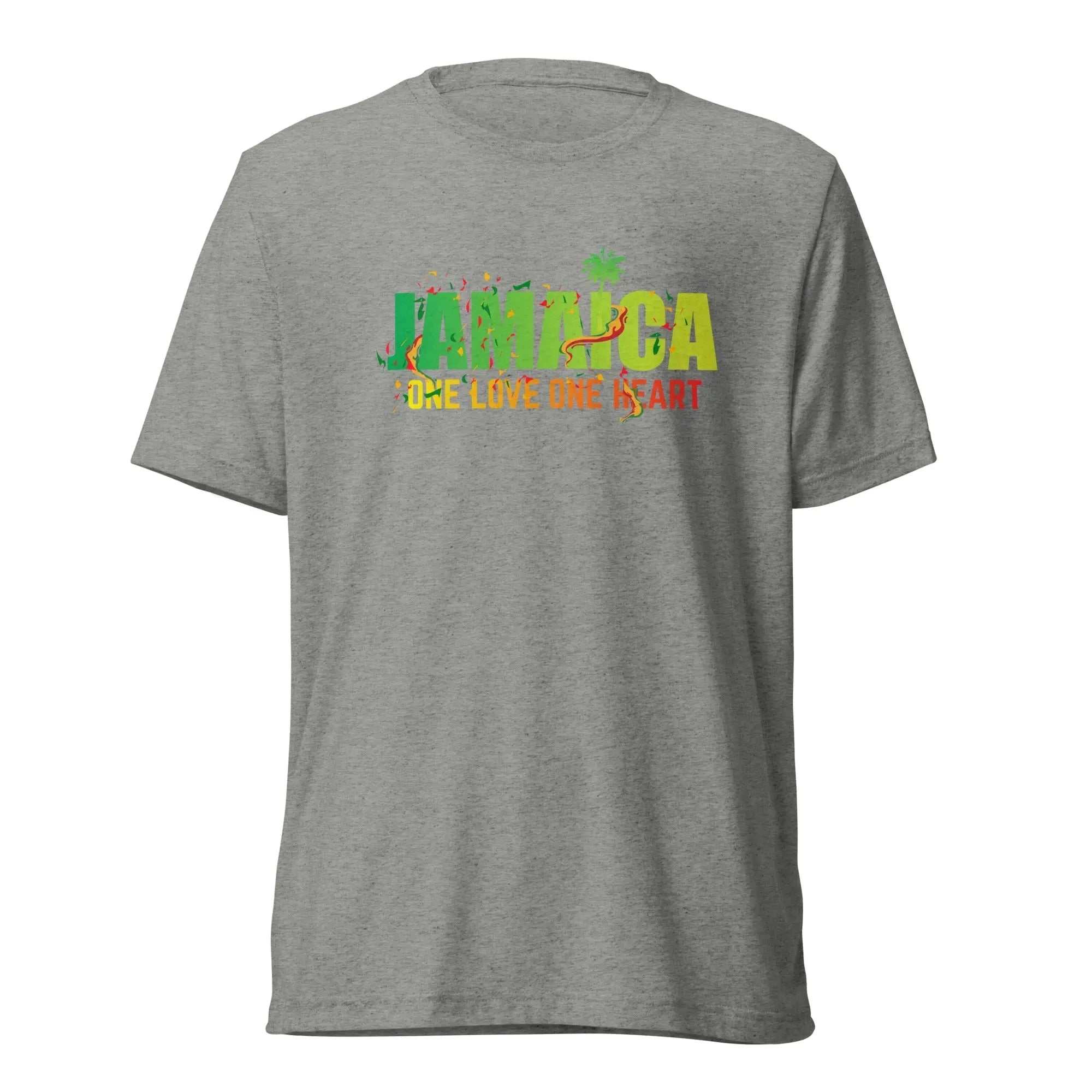 Jamaica One Love One Heart short sleeve unisex grey t-shirt with colorful text design