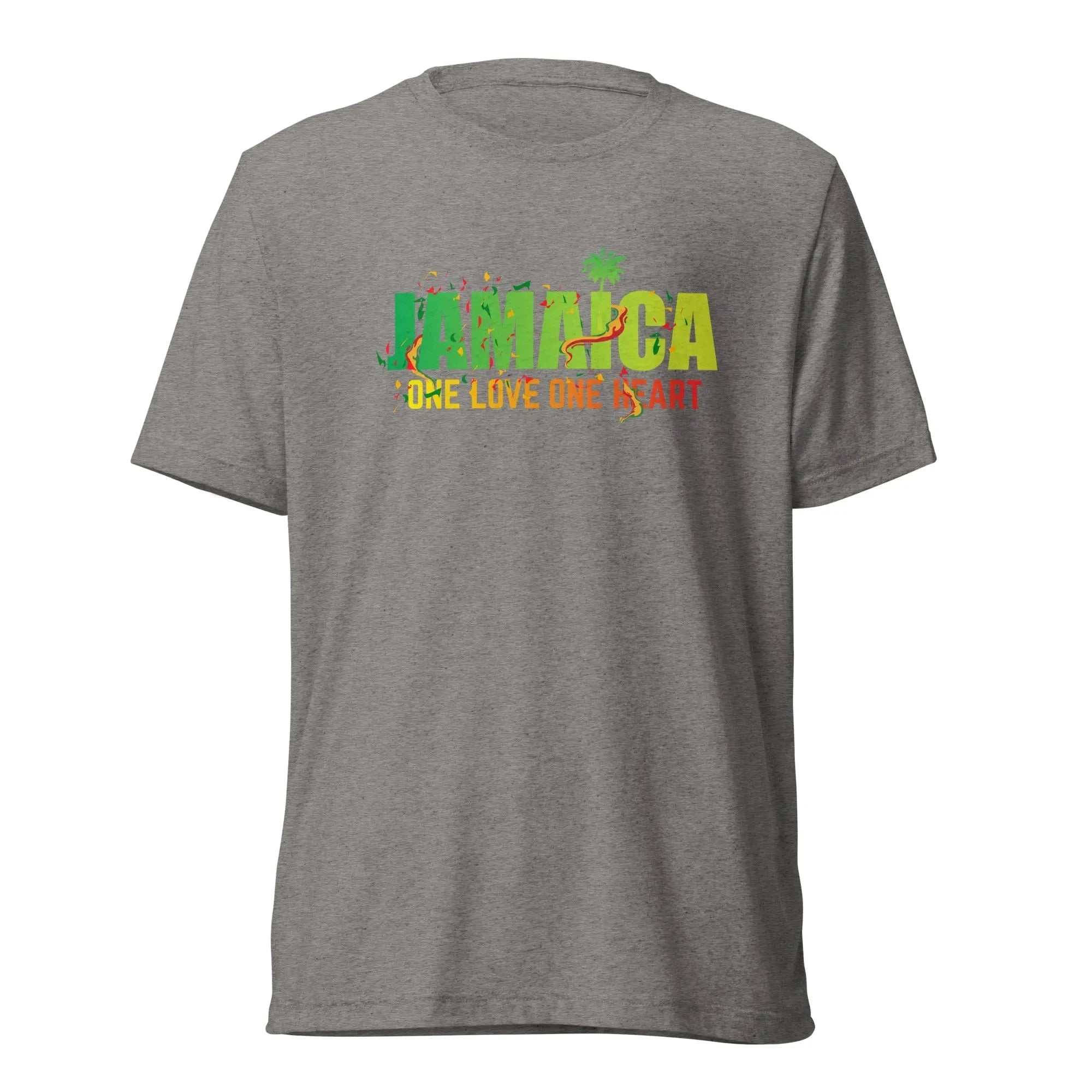 Gray Jamaica One Love One Heart short sleeve unisex t-shirt with vibrant text design
