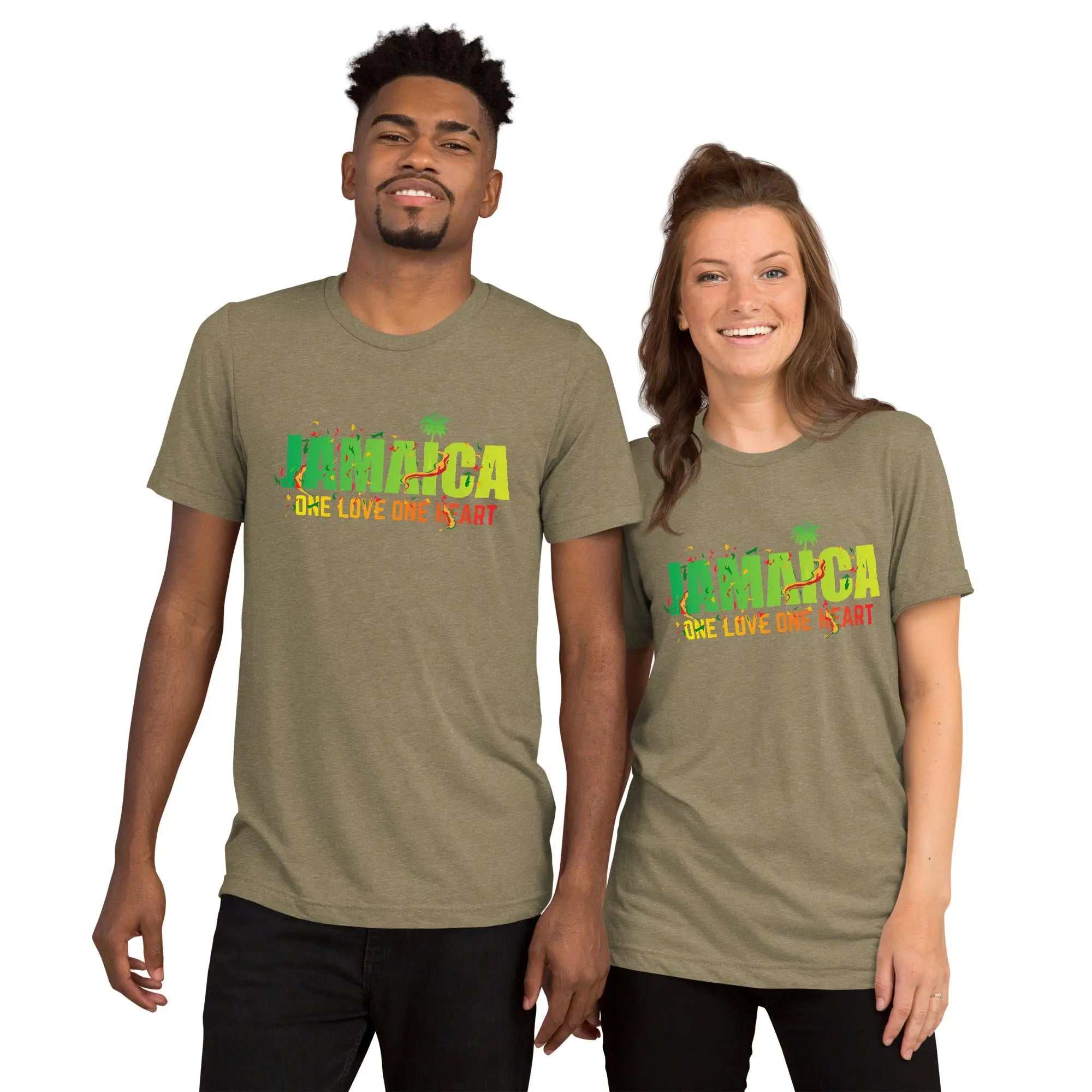 Unisex olive green Jamaica One Love One Heart short sleeve t-shirts with vintage fit and colorful text design