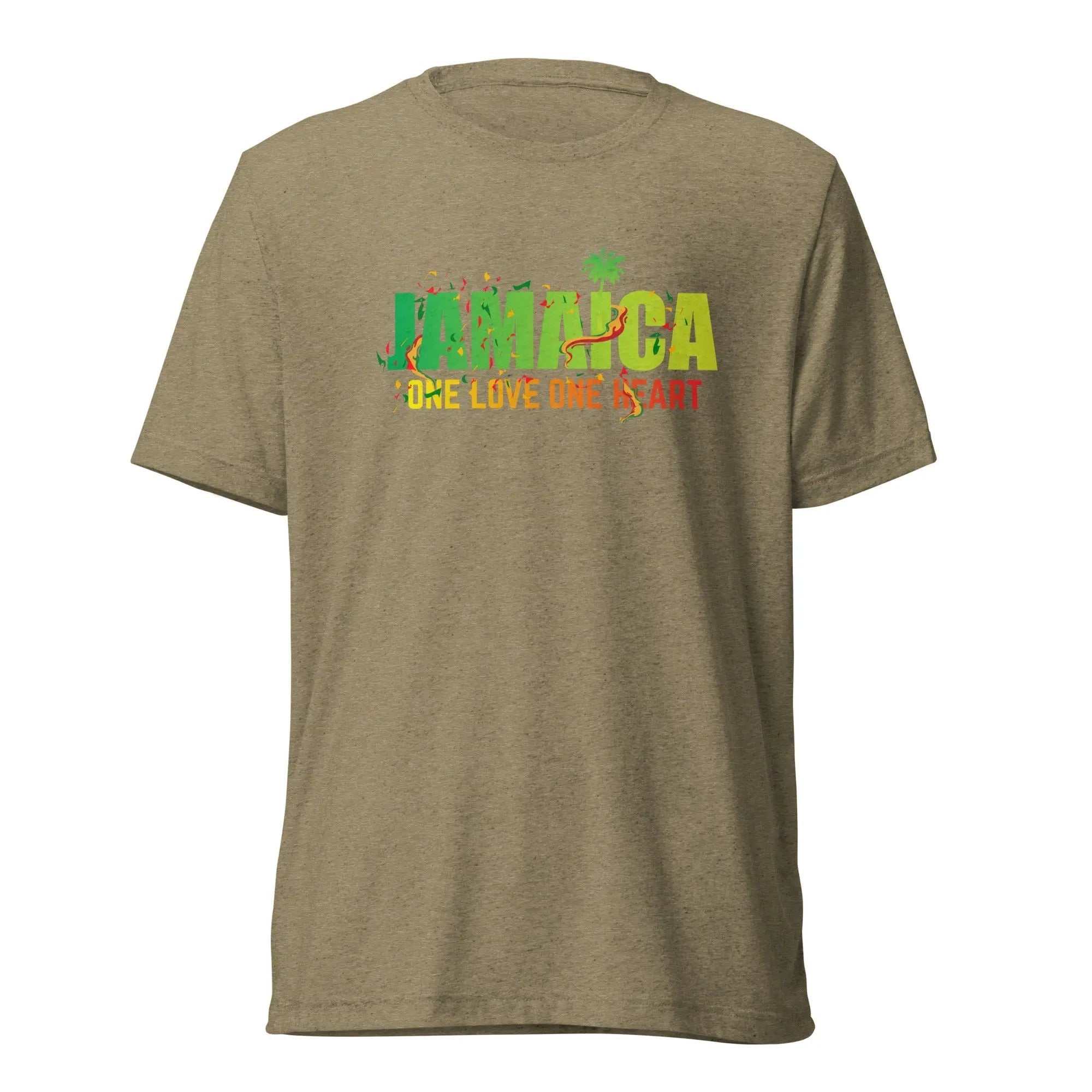Jamaica One Love One Heart short sleeve unisex t-shirt with vintage tri-blend fabric and fitted design