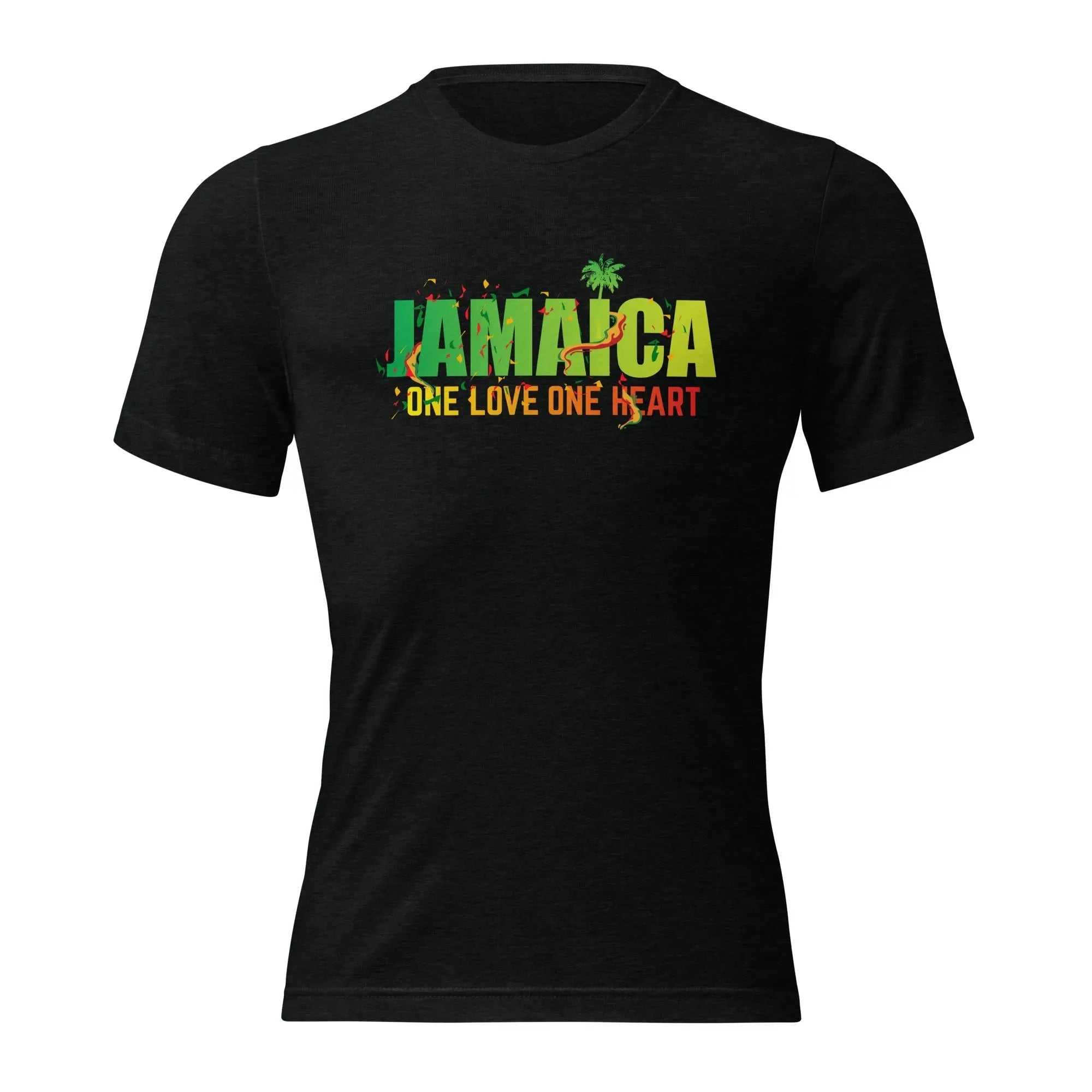 Black Jamaica One Love One Heart short sleeve unisex t-shirt with green and yellow text and palm tree graphic