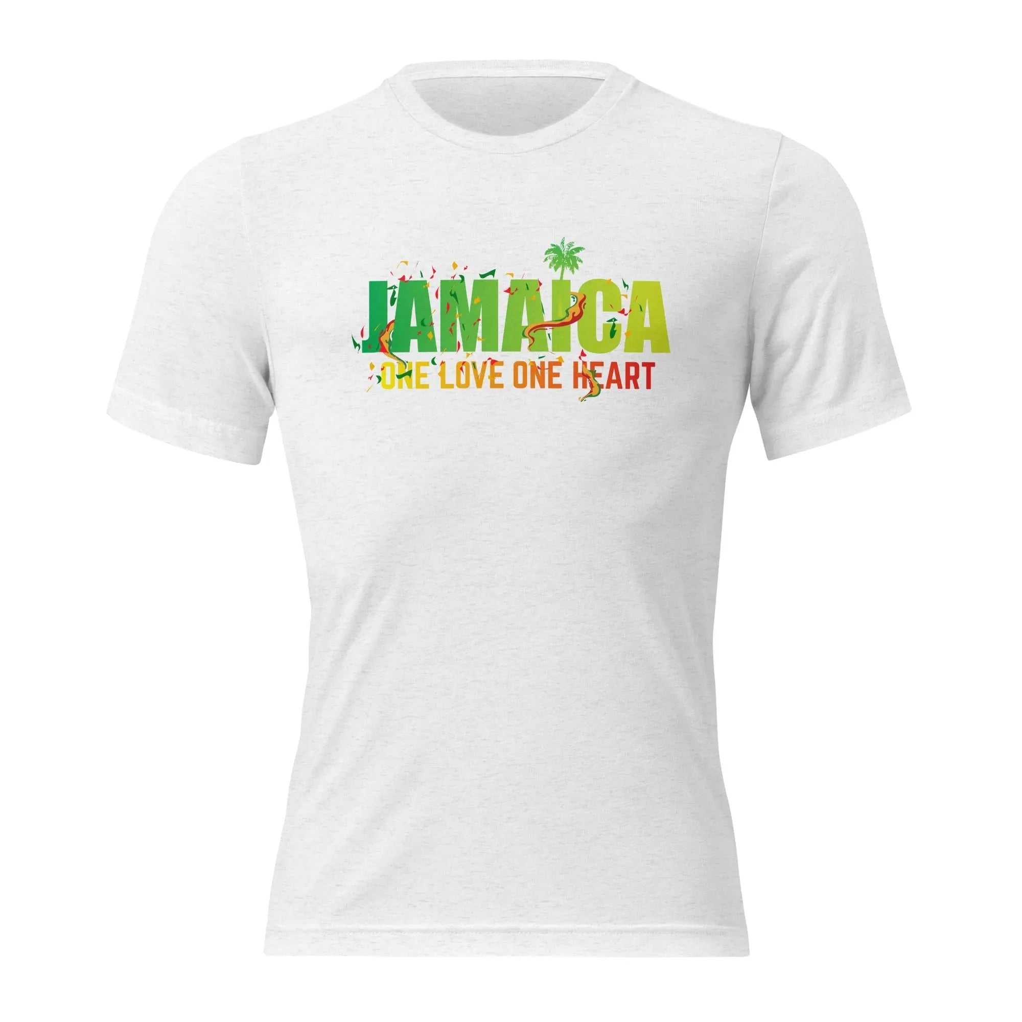 White Jamaica One Love One Heart short sleeve unisex t-shirt with green and yellow text and palm tree graphic