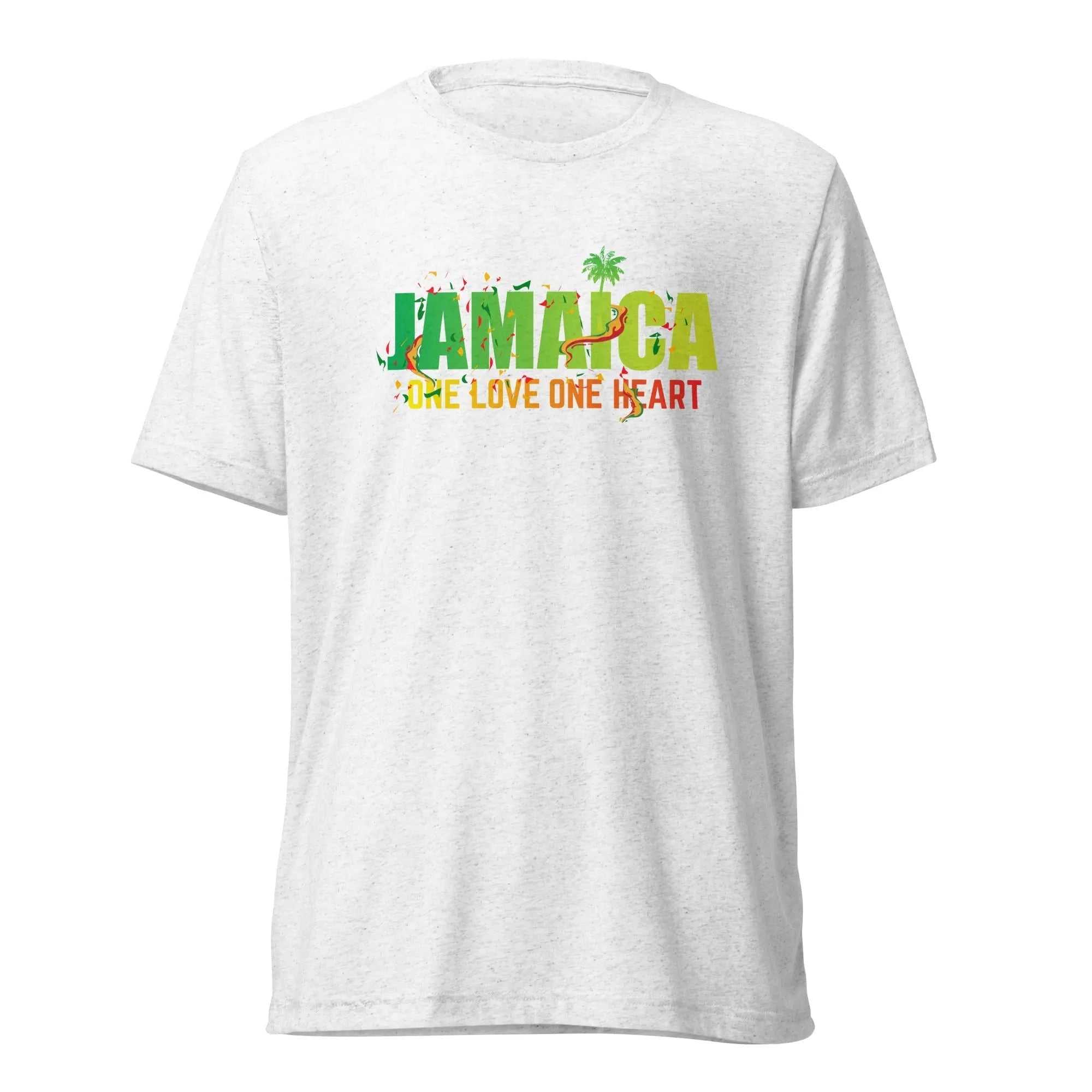 Jamaica One Love One Heart white short sleeve unisex t-shirt with vintage logo print