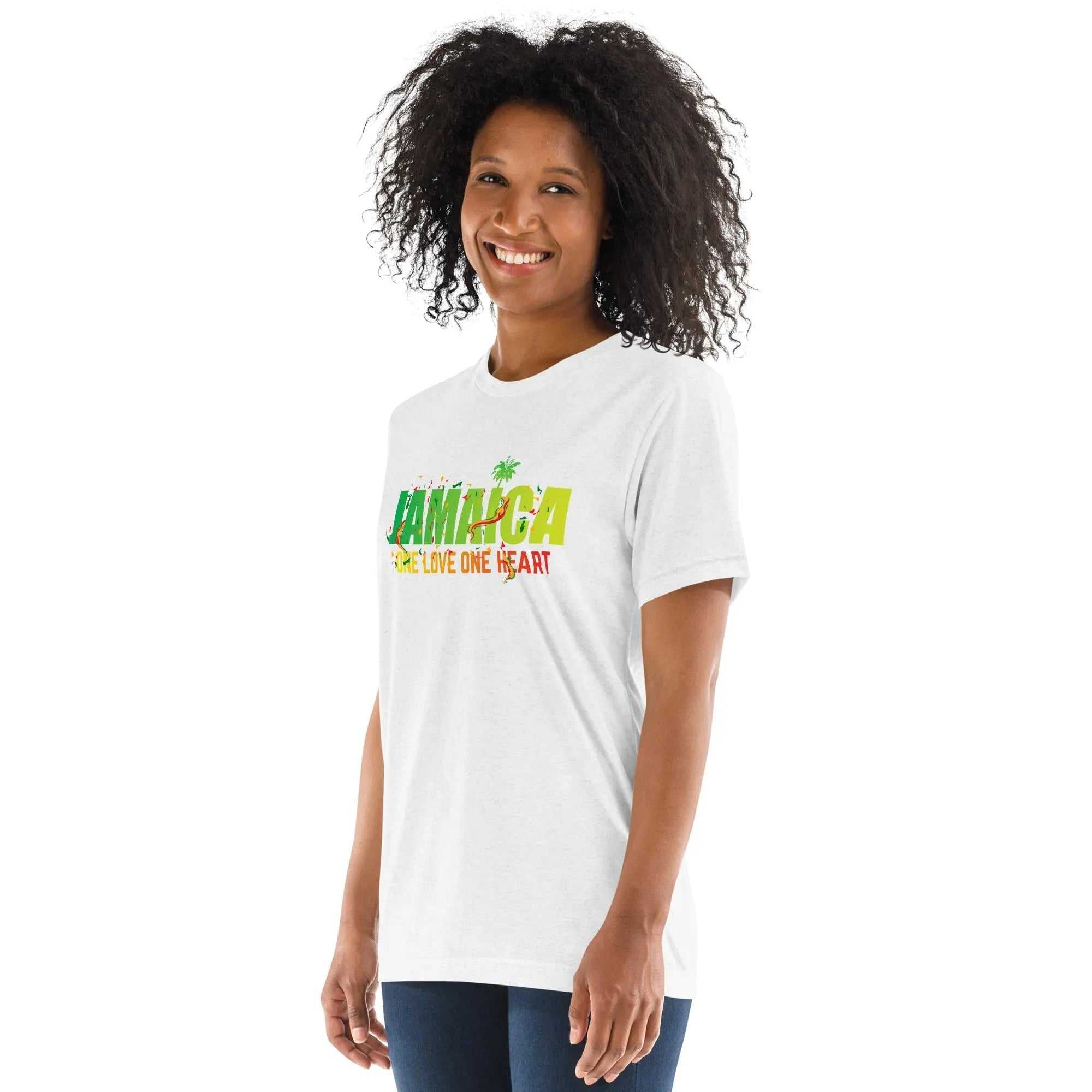 Woman wearing white Jamaica One Love One Heart short sleeve unisex t-shirt