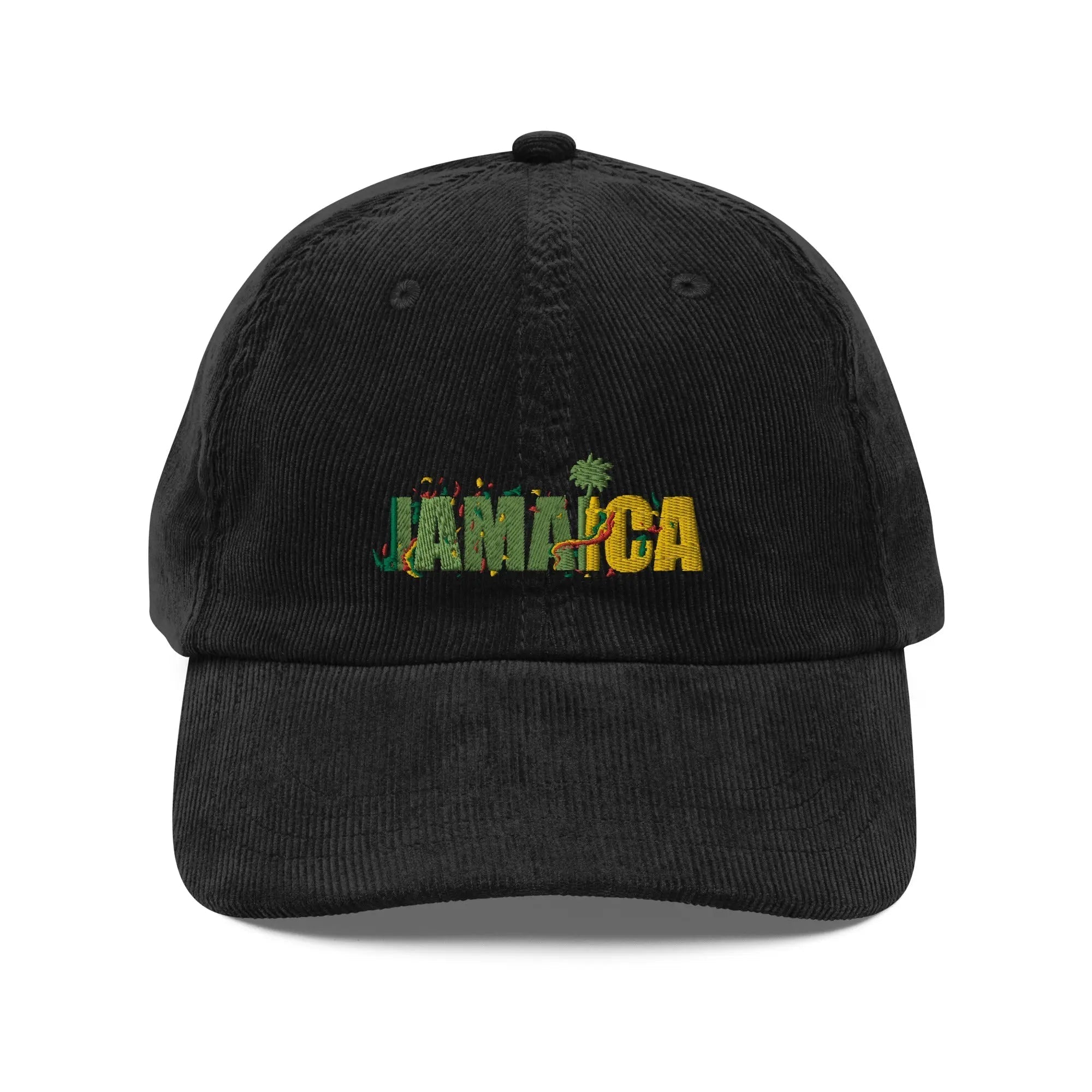 Black Jamaica Vintage Corduroy cap with embroidered Jamaica text and adjustable gold buckle strap