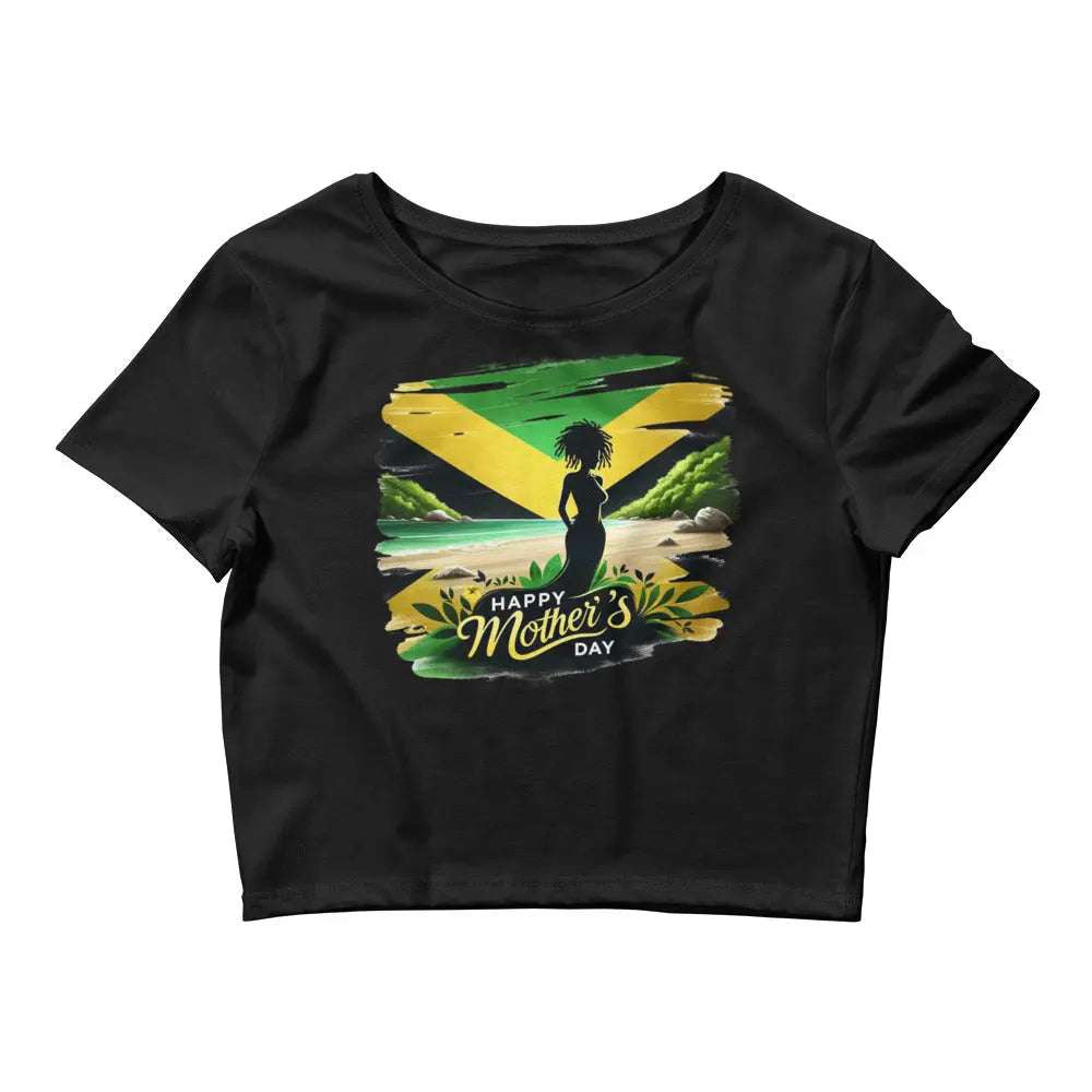 Black slim fit Mothers Day Women’s crop tee with colorful silhouette design and scenic background