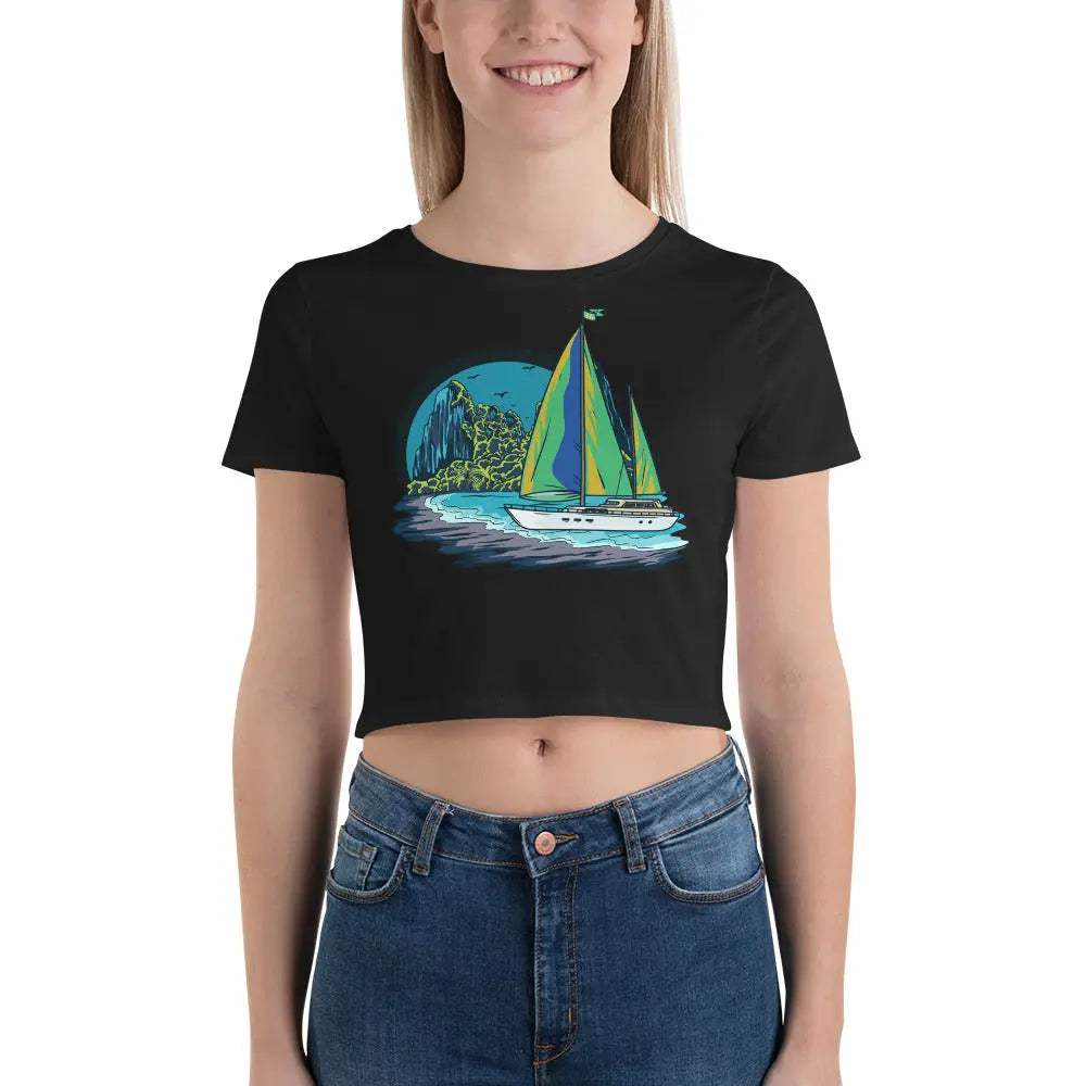 Caribbean Paradise Women s Crop Tee black slim fit with colorful sailboat graphic and short sleeves