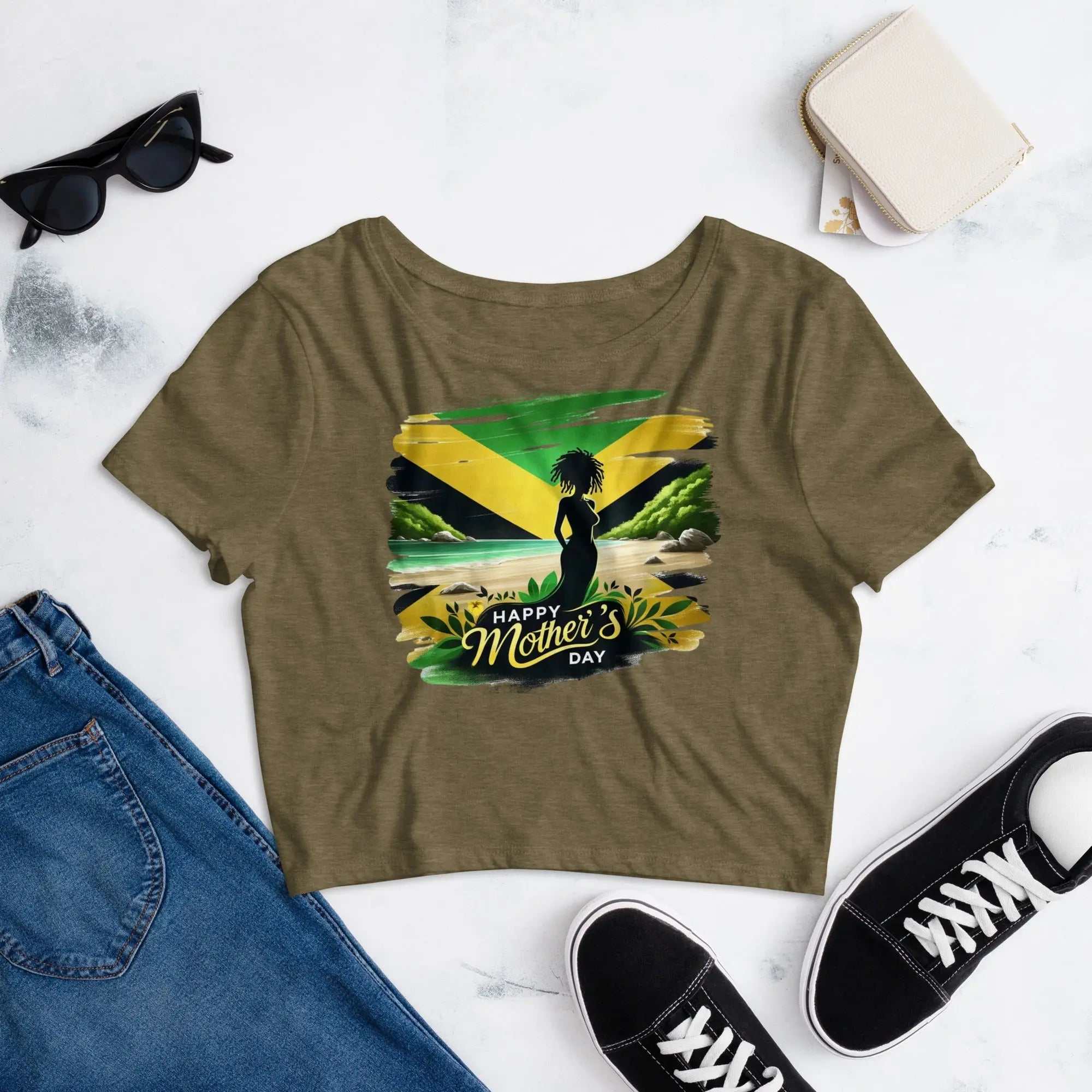 Mothers Day Women’s crop tee with silhouette and green-yellow graphic, slim fit, short sleeve, paired with jeans and sneakers on white background