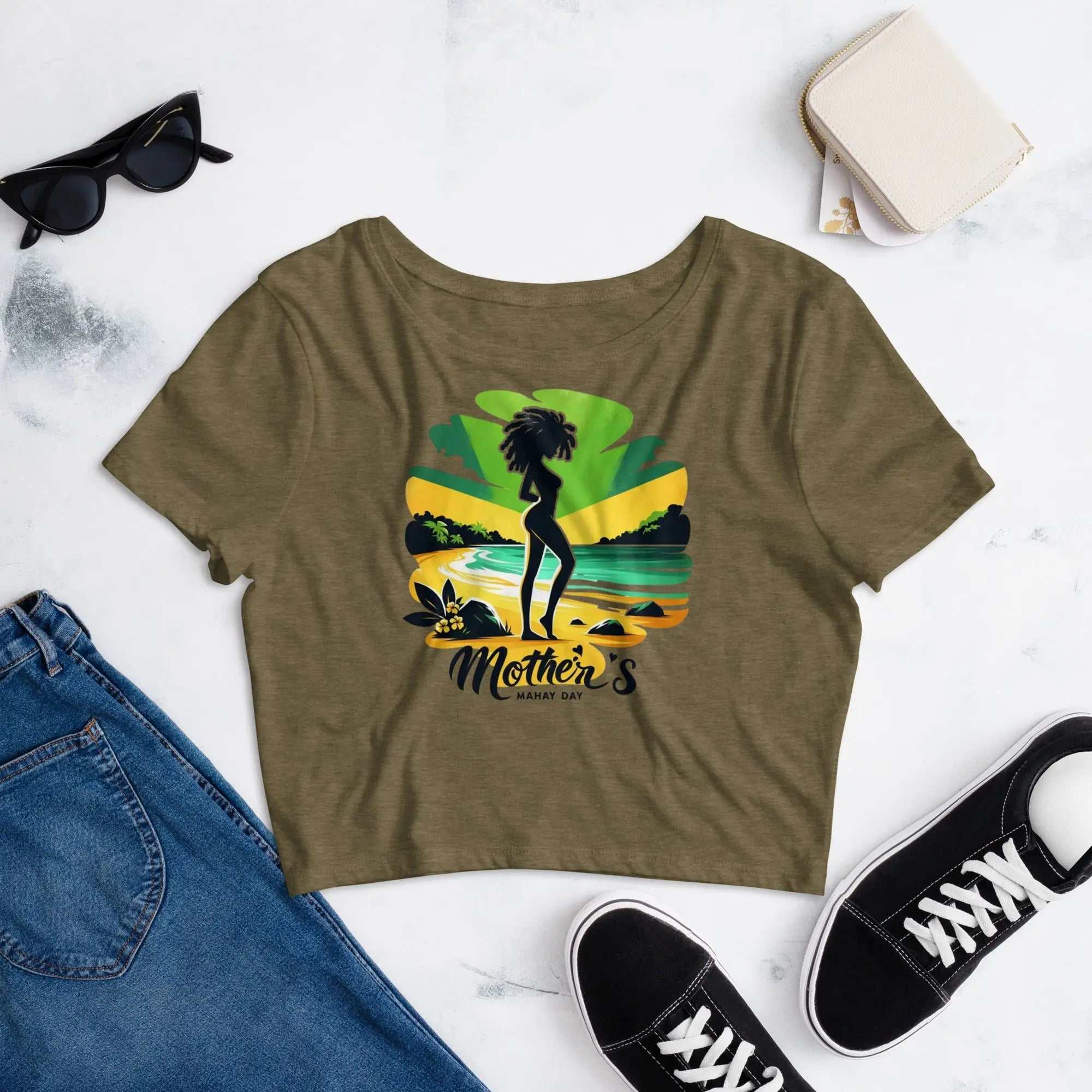 Mothers Day women’s crop tee with beach silhouette design in green, paired with casual accessories