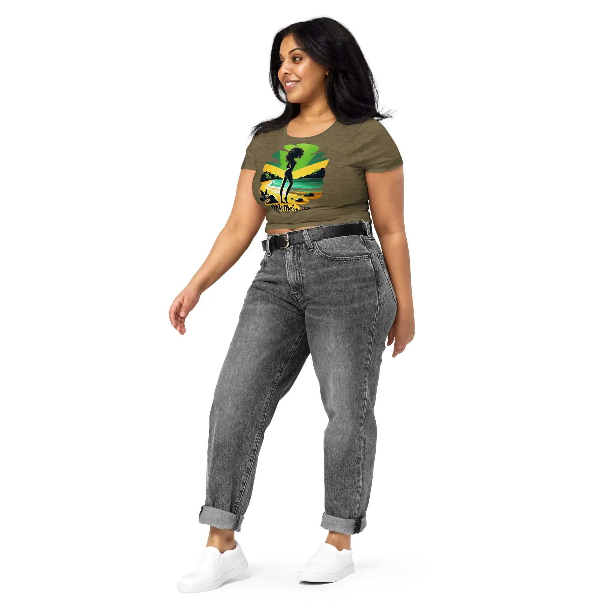 Mother's Day women’s crop tee in olive green with graphic print, slim fit, paired with gray high-waisted jeans and white sneakers.