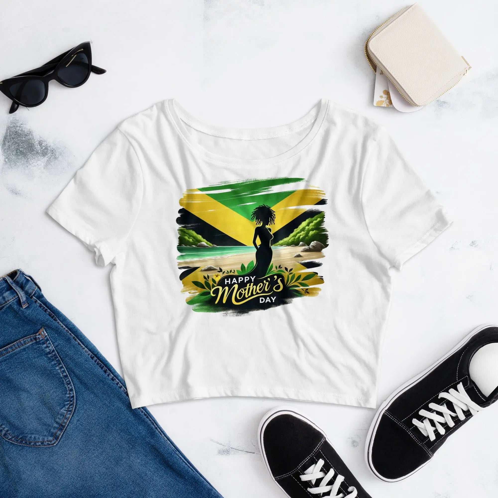 White Mothers Day Women’s Crop Tee with silhouette design and "Happy Mother's Day" text, styled with casual outfit accessories