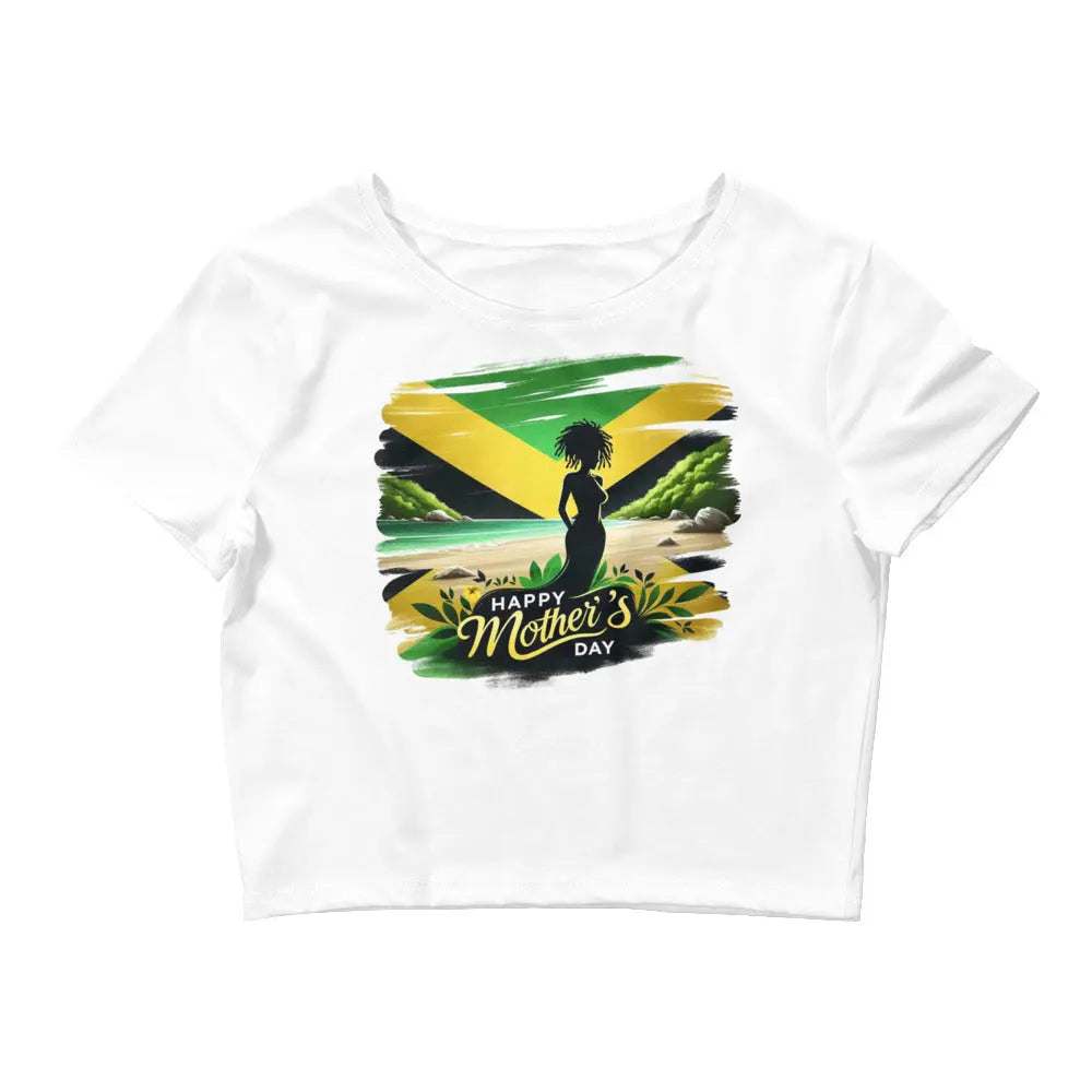 White Mothers Day Women’s Crop Tee with green and yellow graphic and "Happy Mother's Day" text