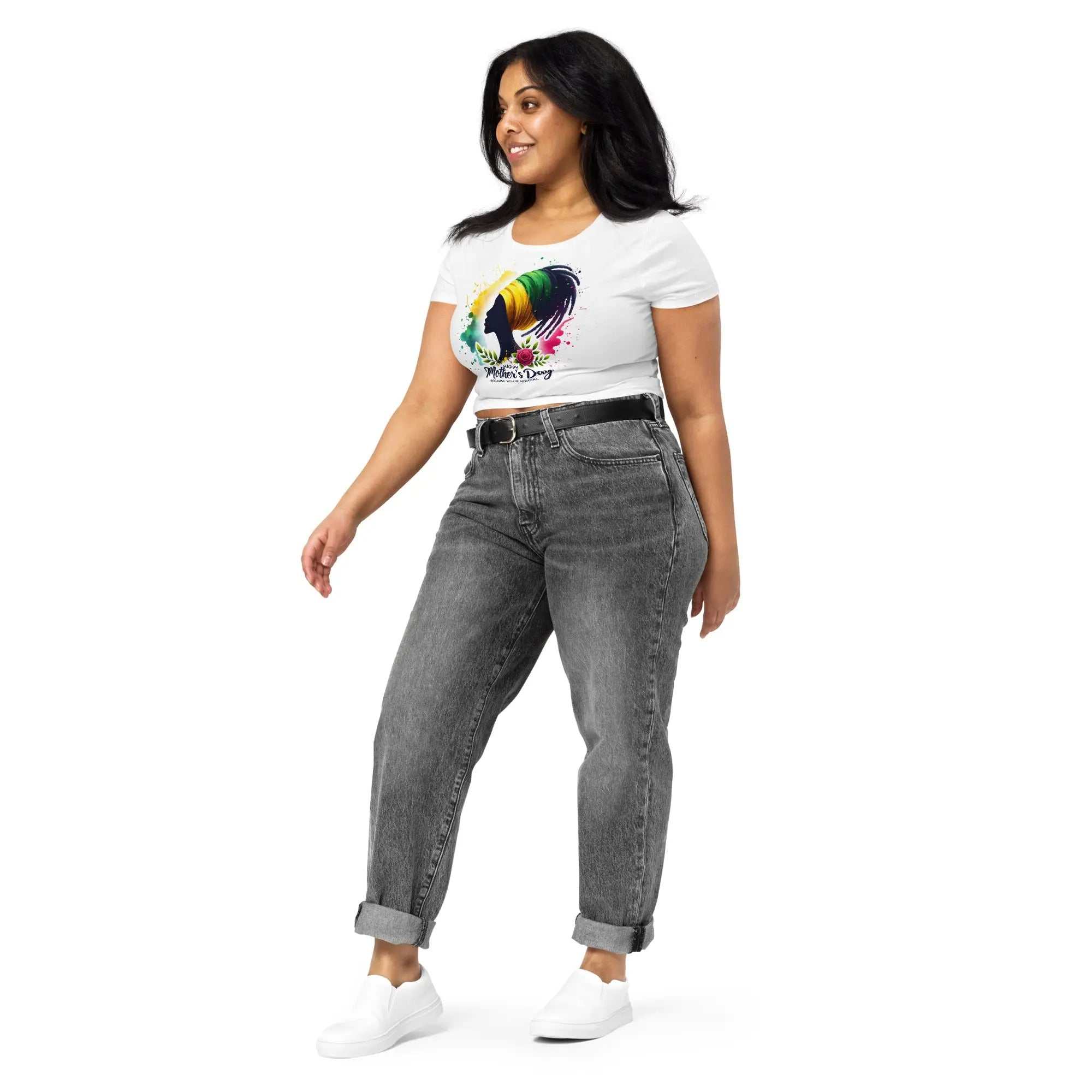 Woman wearing slim fit Mothers Day Women’s crop tee with colorful graphic and high-waisted jeans