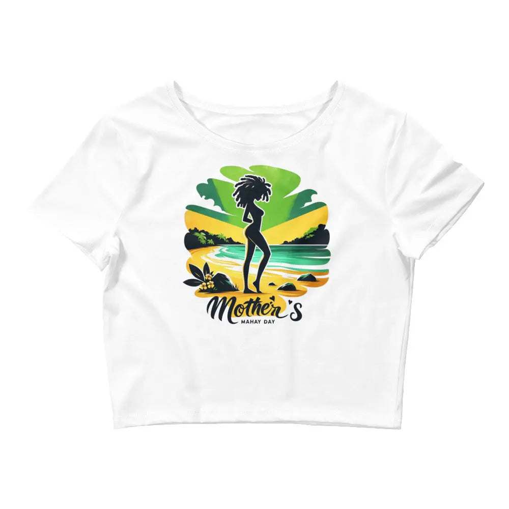 White slim fit Mother's Day women’s crop tee with beach silhouette graphic and text design